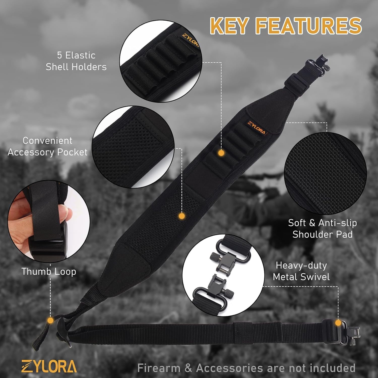 ZYLORA Rifle Sling with Shell Holders, Gun Sling with Swivels and Ammo Holder, Adjustable Rifle Sling with Storage Pocket and Thumb Loop, Rifle Accessories for Hunting and Shooting (Black, Regular)