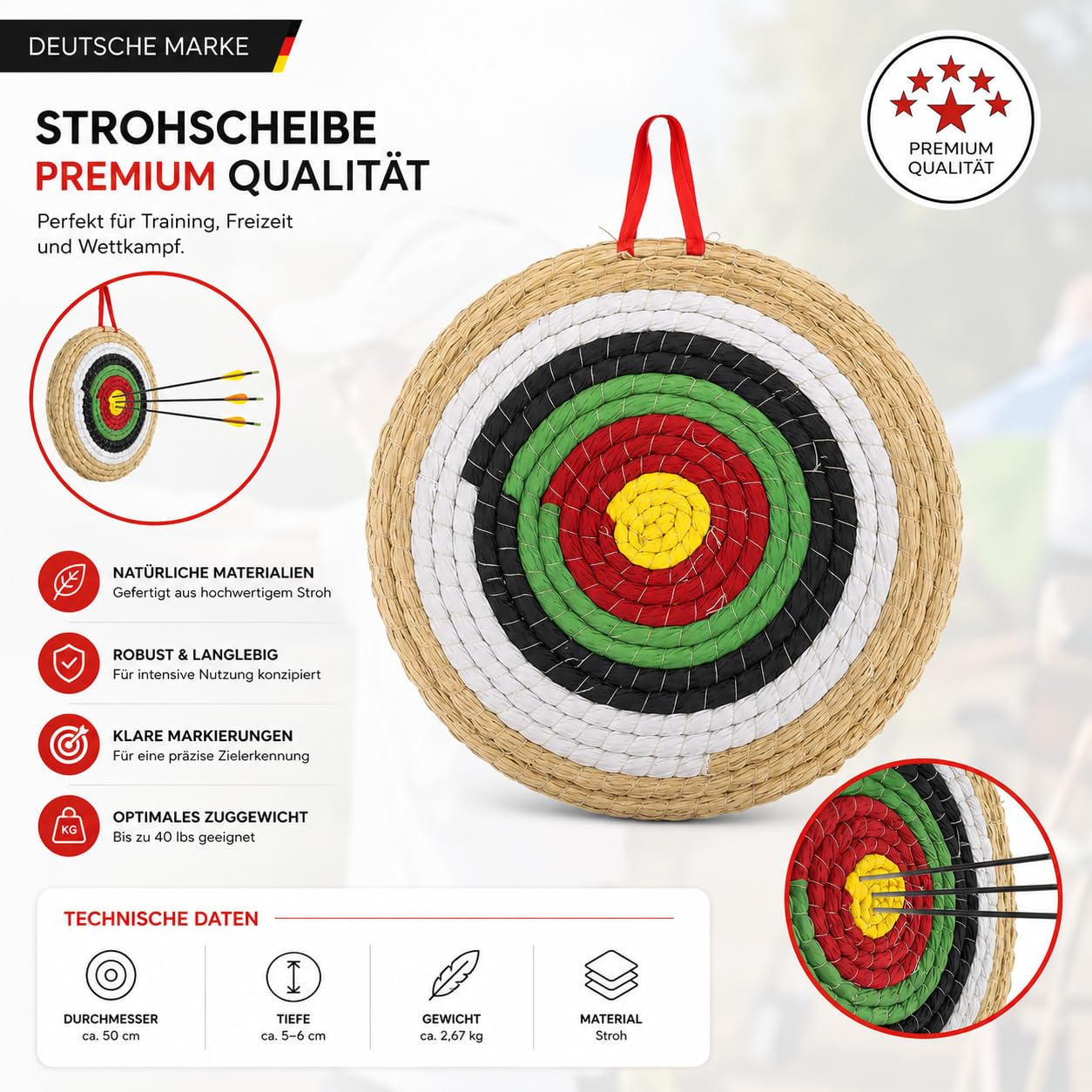 Flitzebogen Zielscheibe Bogenschießen | Strohzielscheibe Natur 50x50x5 cm 3-lagig für Kinder Anfänger Fortgeschrittene für Pfeil und Bogen Armbrust Ziel