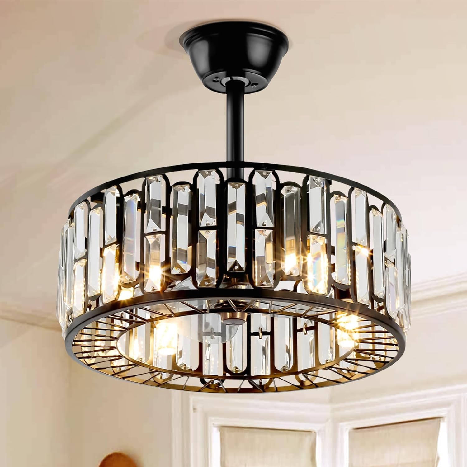HXYSXHJUO 18" Bladeless Crystal Ceiling Fan with Light & Remote Control Modern Black Cad Flier 3-Speed Chlier for Farmhouse Bedroom Contemporary Design (Black)
