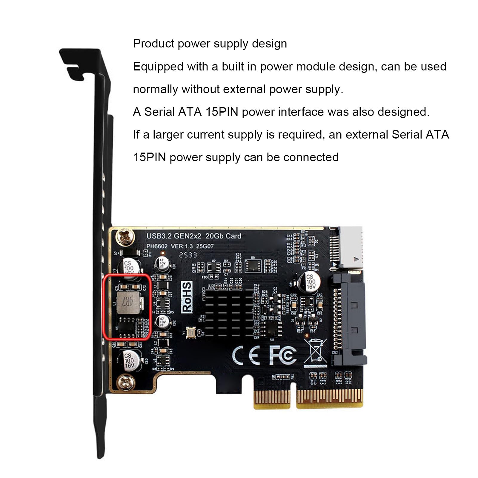 Karta PCIe USB C, Typ E, Przedni Typ C, 20 Gb/s, PCIe na USB 3.0, 15-pinowa Karta rozszerzeń SATA, Adapter Złącza PCI Express na Panelu Przednim do Komputera Stacjonarnego PCI E