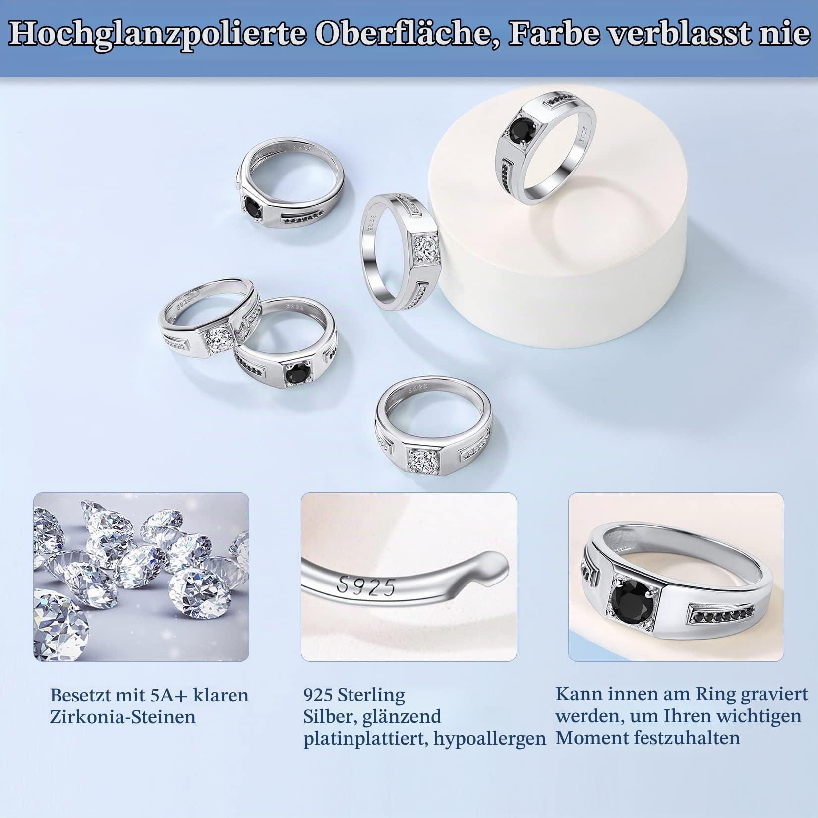 Suplight Herren Ring mit Zirkonia Geburtsstein Damenring 925 Sterling Silber Personalisierter Bandring