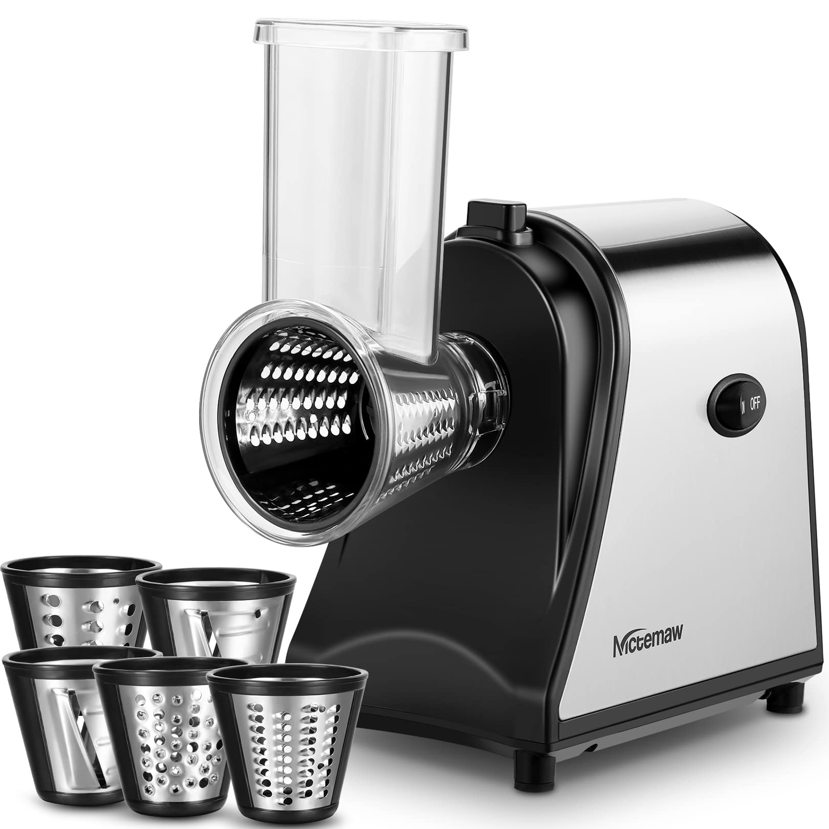 Nictemaw Tagliaverdure elettrico, 500 W, grattugia da cucina, tritatutto per verdure con 5 tamburi, in acciaio inox