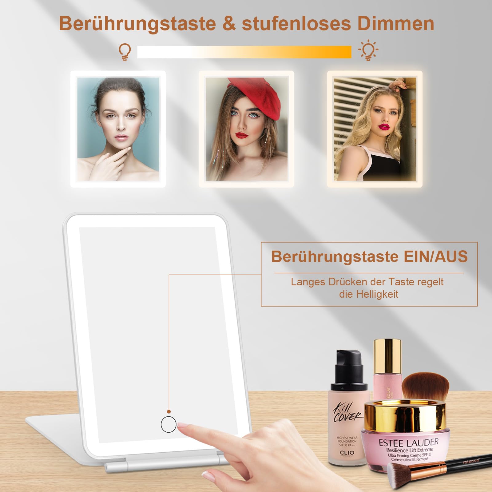 FASCINATE Kosmetikspiegel mit Beleuchtung, Wiederaufladbarer LED Schminkspiegel mit 3 Lichtfarben, Vergrößerungsspiegel Helligkeit einstellbar