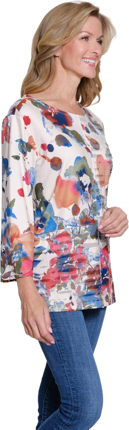 MULTIPLES Womens Clothing | Three Quarters Sleeve Scoop Neck Multi-Panel Top | Dressy & Casual Clothing for Women - Image 2