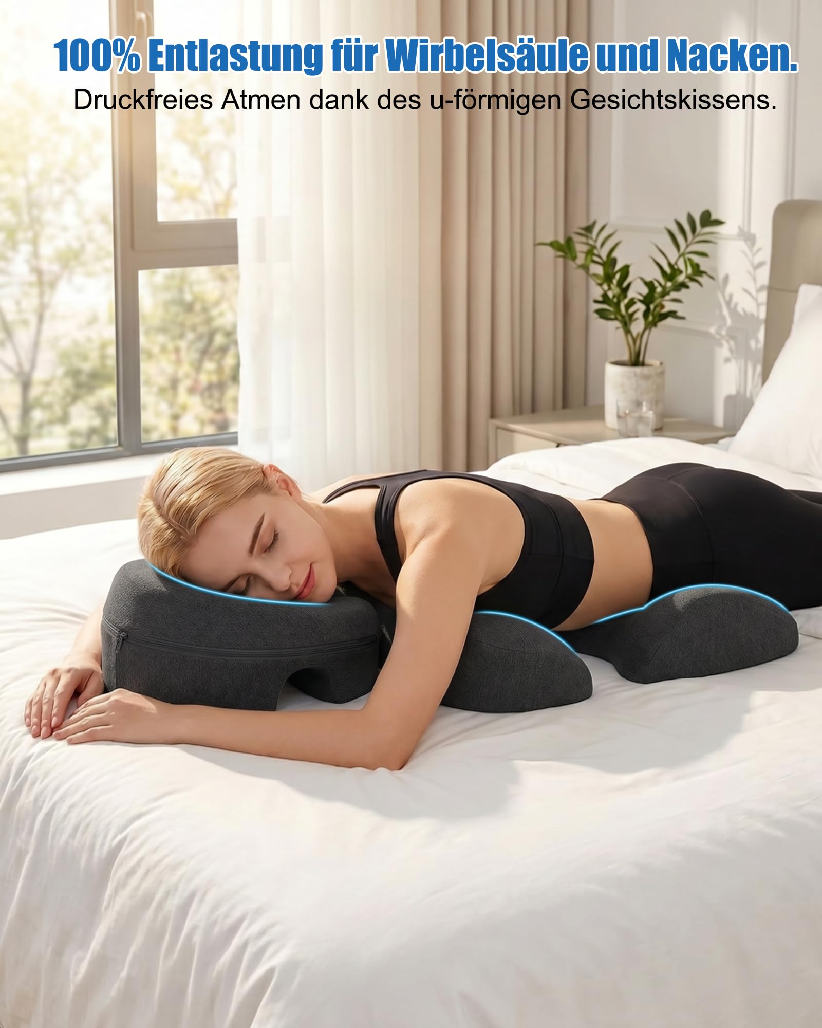 Ergonomisches Massage Kopfstütze & Brustkissen Set für Bett, Bauchlage Kissen mit Atemöffnung, Memory-Schaum Gesichtskissen & T-Form Bruststütze für Physiotherapie & Wellness, Dunkelgrau