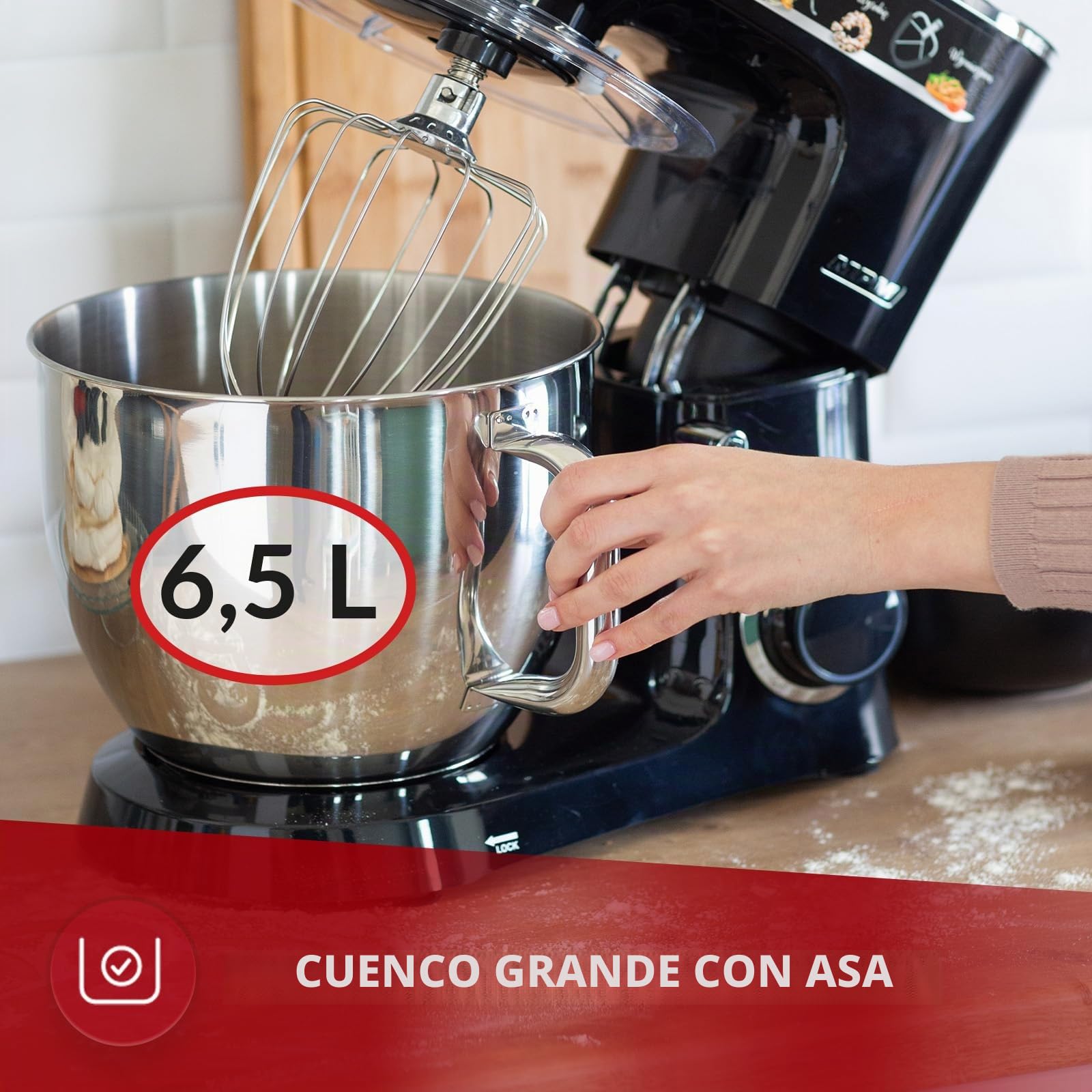 MPM MRK-19 Batidora Amasadora Repostería Profesional Robot Cocina Orbital, 2200W Máx. 6,5L Bol Acero Inox, 6 Velocidades + Función Pulso, Sistema Planetario, Tapa Anti salpicaduras, 3 Accesorios