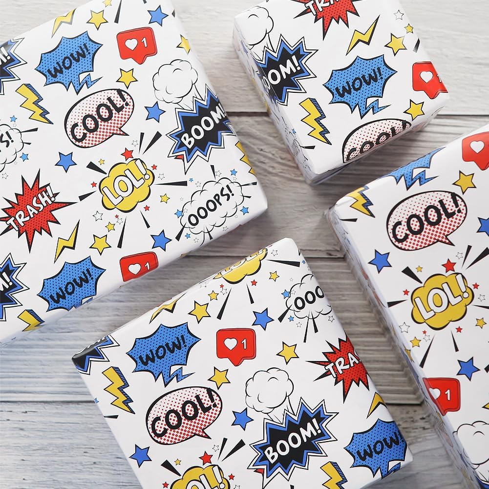 Comic Book Wrapping Paper for Boys Girls Kids, BOOM WOW OOOPS Colorful Cartoon Print on White Art Paper, Folded Flat Comic Book Theme Gift Wrap Paper for Birthday Holiday Christmas Party Women Men image 5