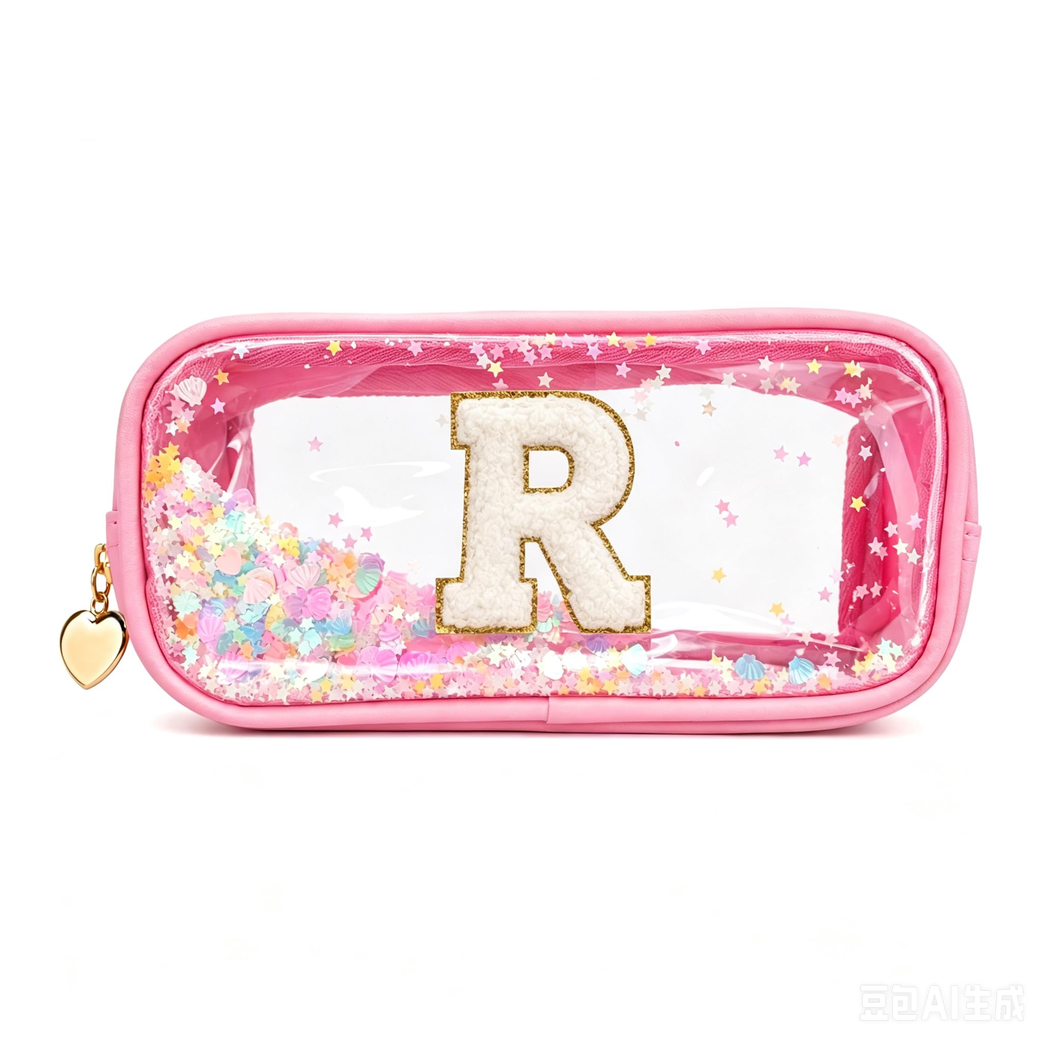 YCDKK The 26 Letters Clear Pink Pencil Case for Girls, Small Cute Transparent Pencil Case with A-Z Initial Design for School & Office, Portable Exam Zipper Pouch for Students, Teens & Women (R)