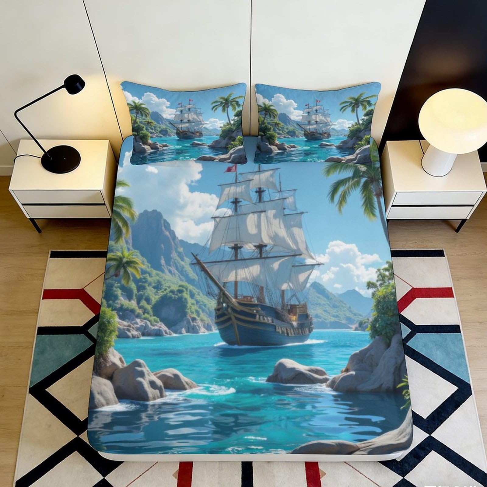 3D Printed Pirate Ship Ocean Fitted Sheet Microfiber Soft Breathable Tropical Island Bed Cover for Bedroom Guestroom 90x200x25cm