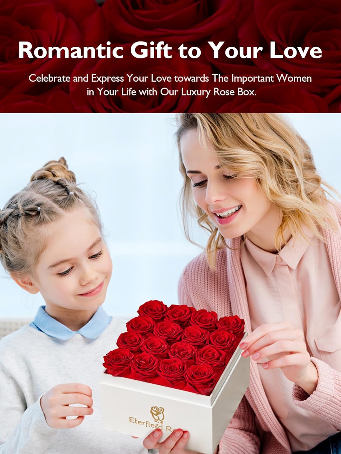 Eterfield Forever Flowers Preserved Roses Real Roses That Last Over a Year Rose Box Gifts for Her Mothers Day Valentines Day Christmas (Square White Box, 16 Red Roses) - Image 4