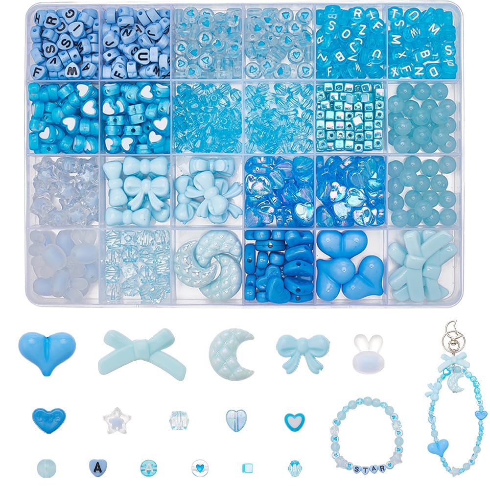 SOFPLATE 1 Box 822Pcs Blue Acrylic Beads Assorted Aesthetic Beads Set Cute Bowknot Rabbit letters Stars Moon Kawaii Flat Round Letters Spacers for Bracelet Necklace Jewellery Making DIY Crafts Bag
