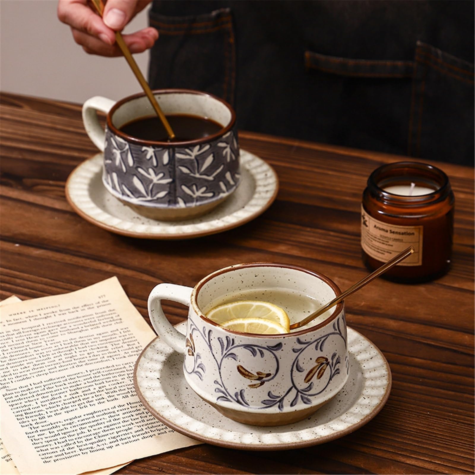 Tazas de cerámica Juego de taza café/té cerámica con diseño vintage hierba y flores, platillo cuchara, 300 ml Taza de café