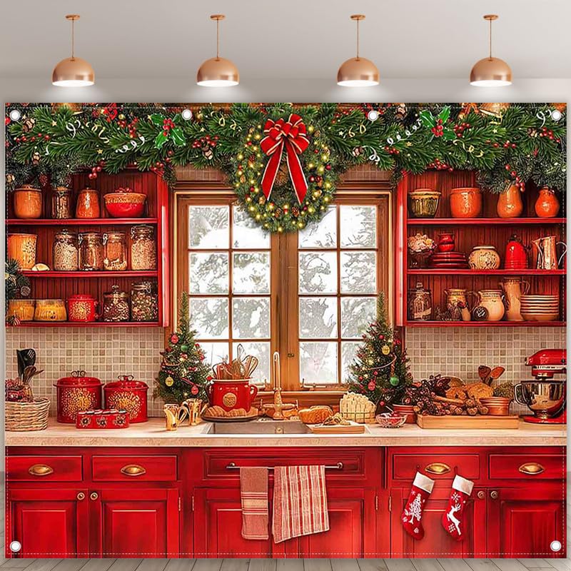 Luminora 3 x 2,4 m Fondo de Cocina navideño Rojo de, Estilo Retro