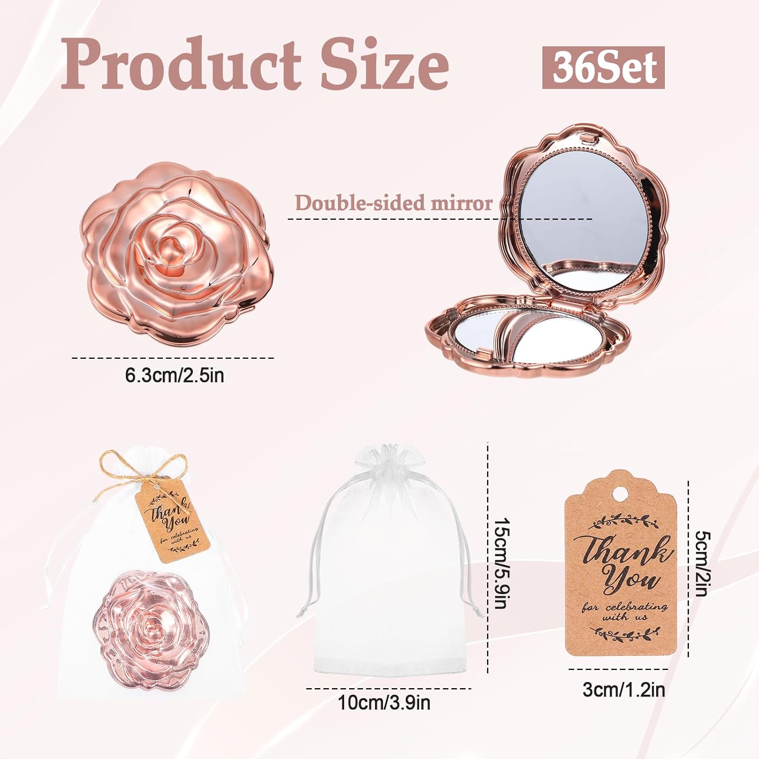 36Set Rose Compact Mirrors Bulk Quinceanera Party Favors Sweet 16 Party Favors for Guests Including Mirrors, Thank You Tags, White Organza Bags for Quinceanera Wedding Guests Souvenir Gifts