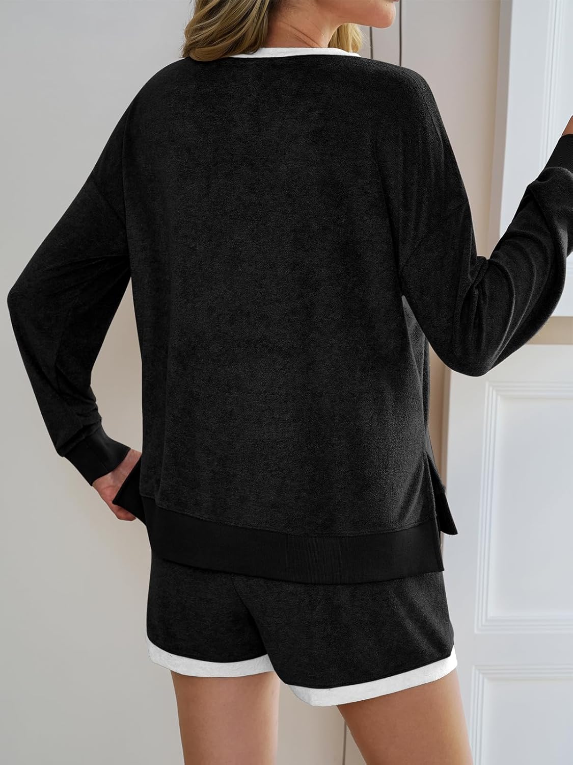 Tankaneo Womens V Neck 2 Piece Pajama Short Sets Color Block Loose Fit Long Sleeve Shirt and High Waisted Shorts Lounge Sets - Image 5