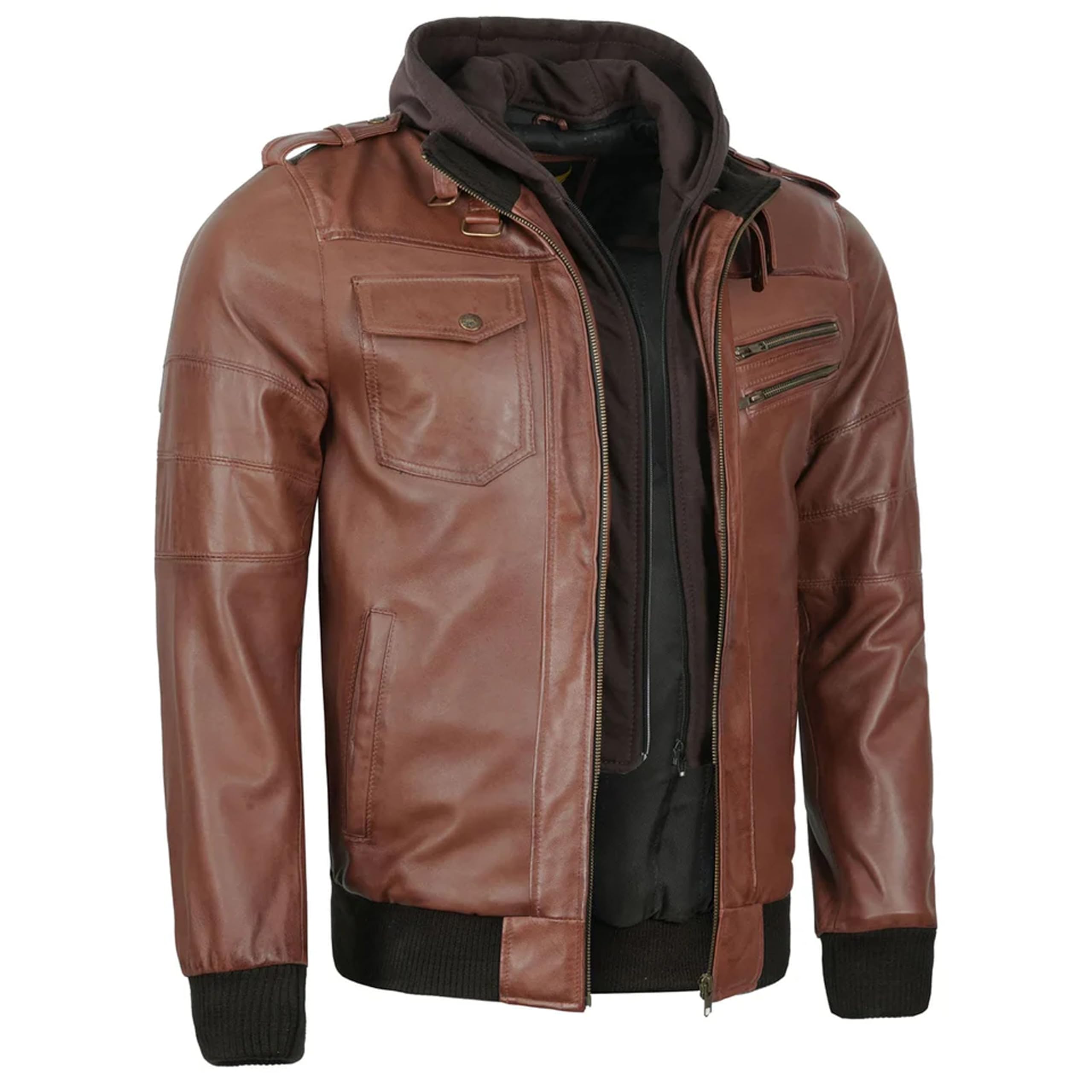 Leatherick Giacca in pelle di agnello di alta qualità da uomo – Cappuccio in pile rimovibile con 7 tasche funzionali e chiusura frontale con cerniera