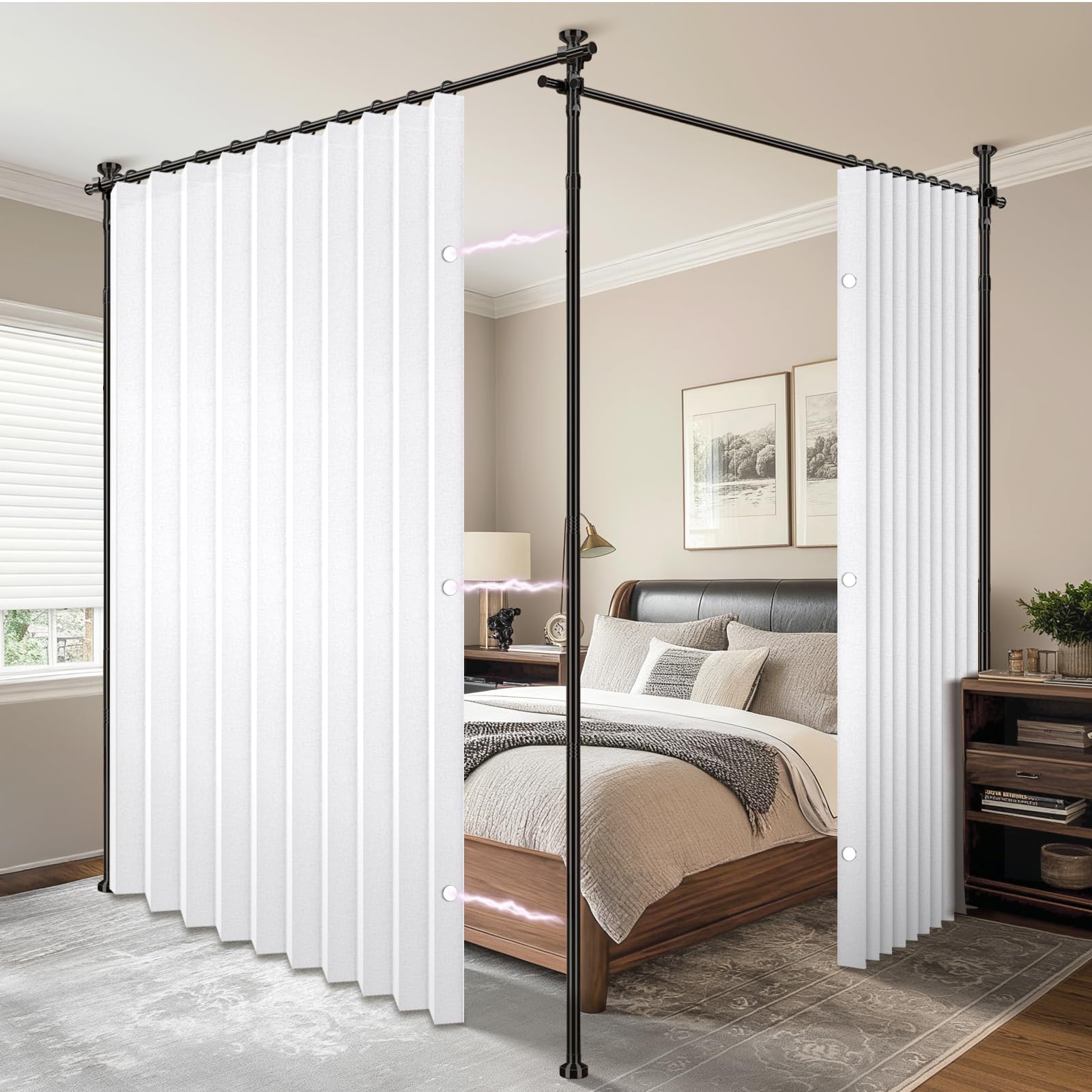 AJAZZ Privacy Curtains for Room Divider with Blackout & Soundproof (2 Panels, White, W100 x L96 in)+ No Drill Curtain Rod(H) 43-120×(W) 35-200 in, Wall Divider for Bedroom/Studio/Office Curtain