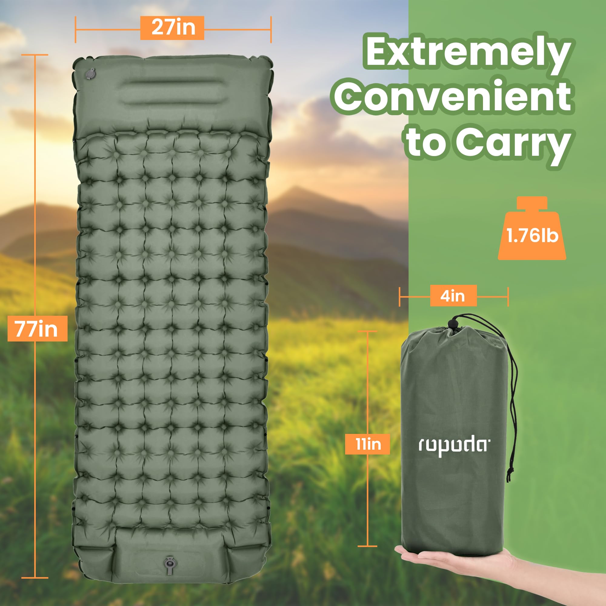 ROPODA Materasso gonfiabile da campeggio, materassino ultraleggero con cuscino, pompa a pedale integrata, materassino impermeabile con borsa,195 cm x 69 cm x 10 cm (Grigio)