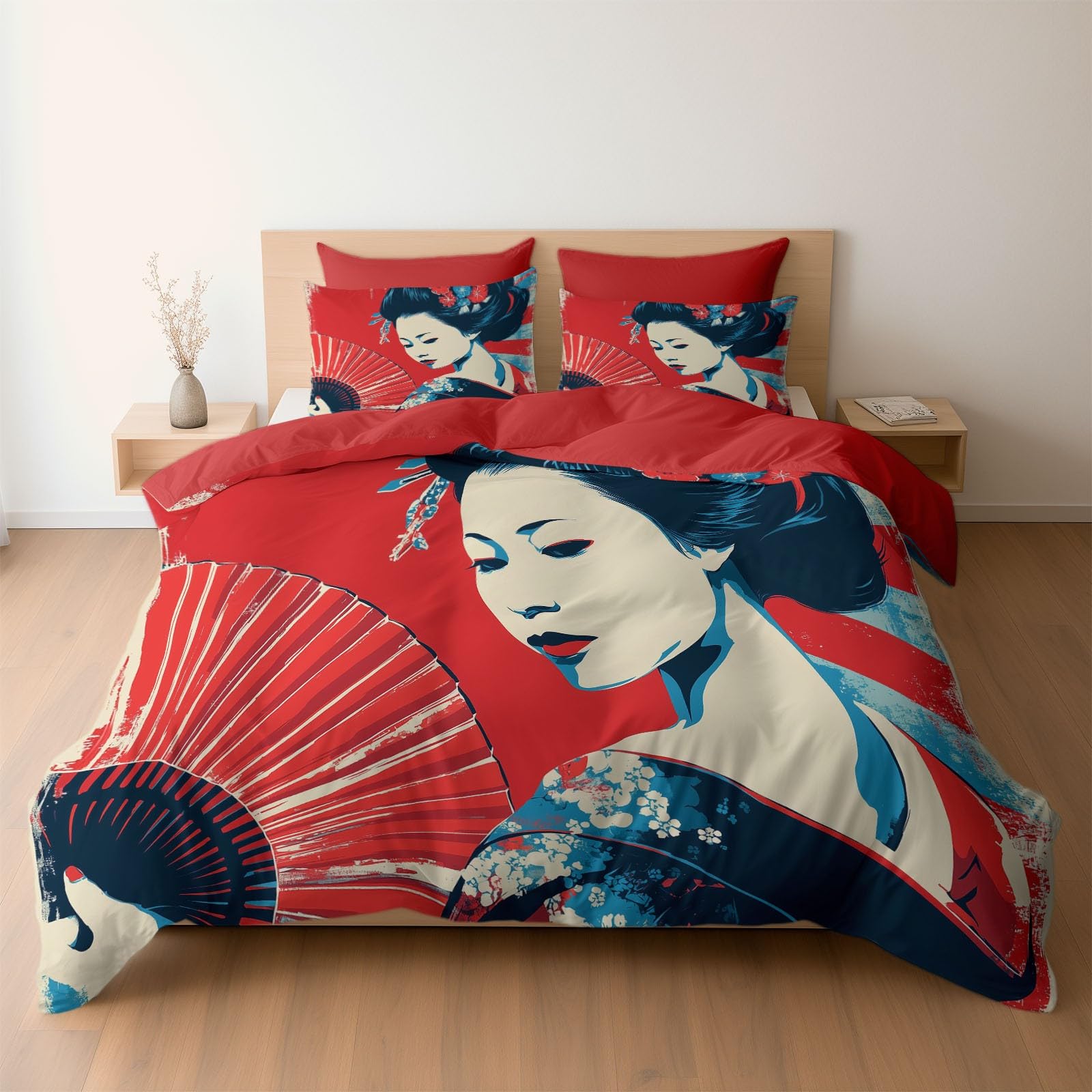 Parure de lit 3 pièces rouge en microfibre brossée de qualité supérieure motif Geisha 240x260