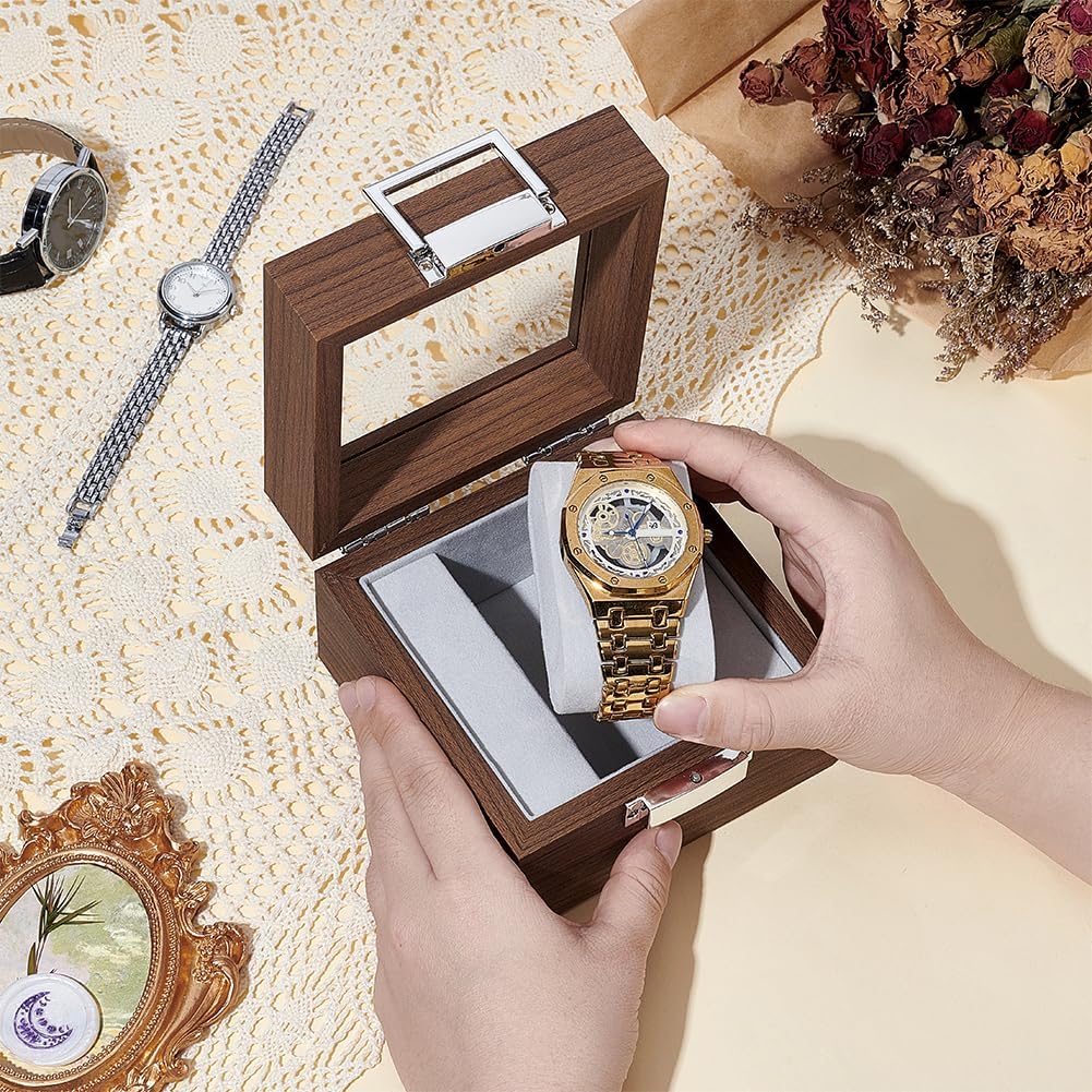 UNICRAFTALE Walnut Watch Boxes with Visible Glass Window Lid Wooden Watch Storage Case Wristwatch Display Box Holder with Zinc Alloy Lock Embossed Liner Jewelry Keepsake Box for Men Women 4.7"x4.7"x3"