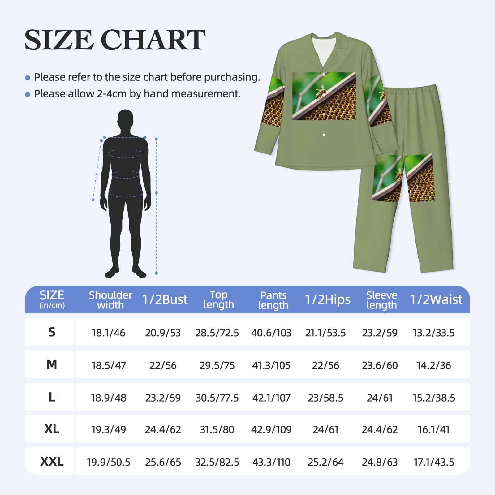 Herren-Pyjama-Set, langärmelig, mit Bienen-Motiv, zweiteilig, Hauskleidung, bequeme Nachtwäsche