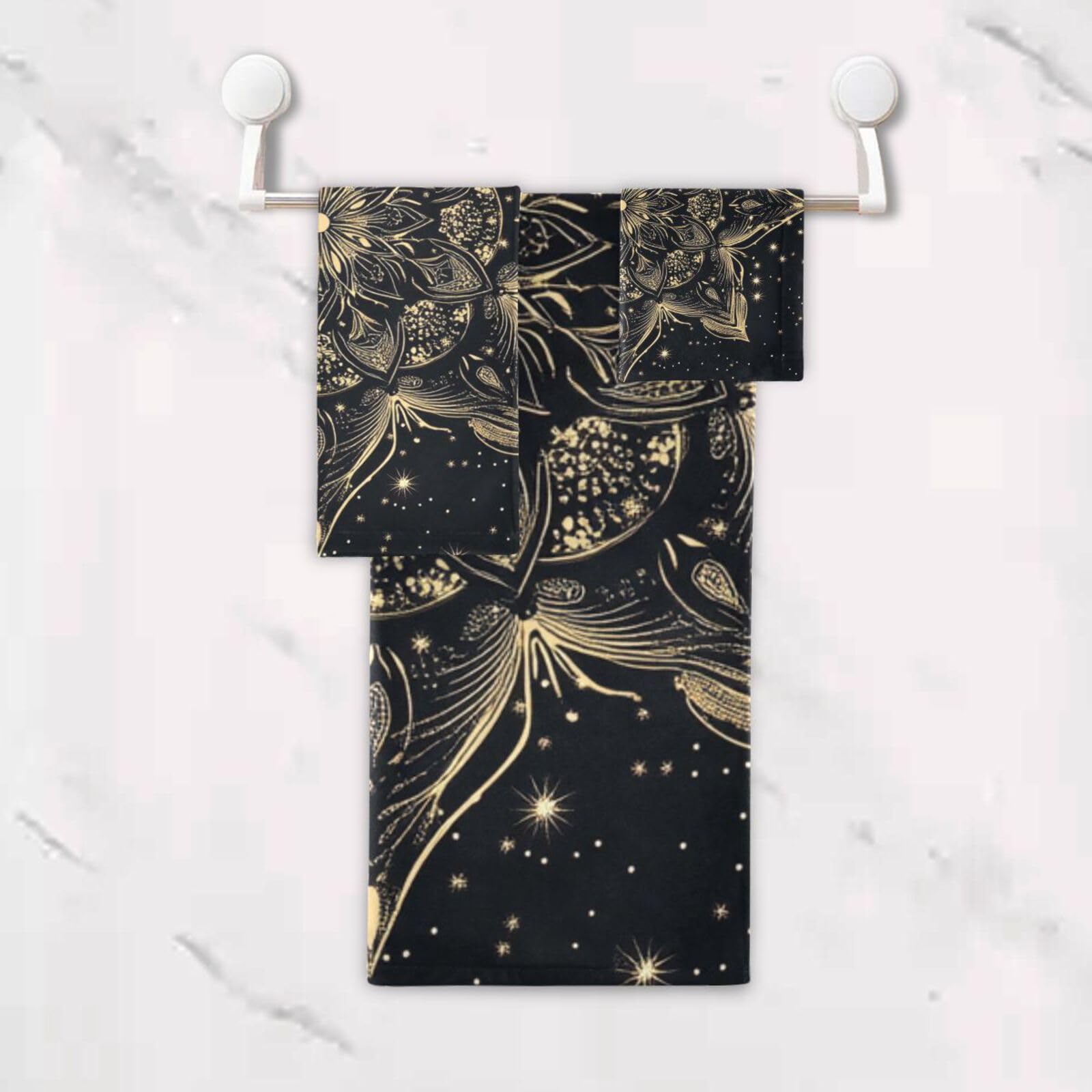 Schwarz-goldenes Mandala-Gesichtshandtuch-Set, schnelltrocknend, 3-teilig, 1 Badetuch, 1 Handtuch, 1 Waschlappen für Zuhause, Küche, Familie