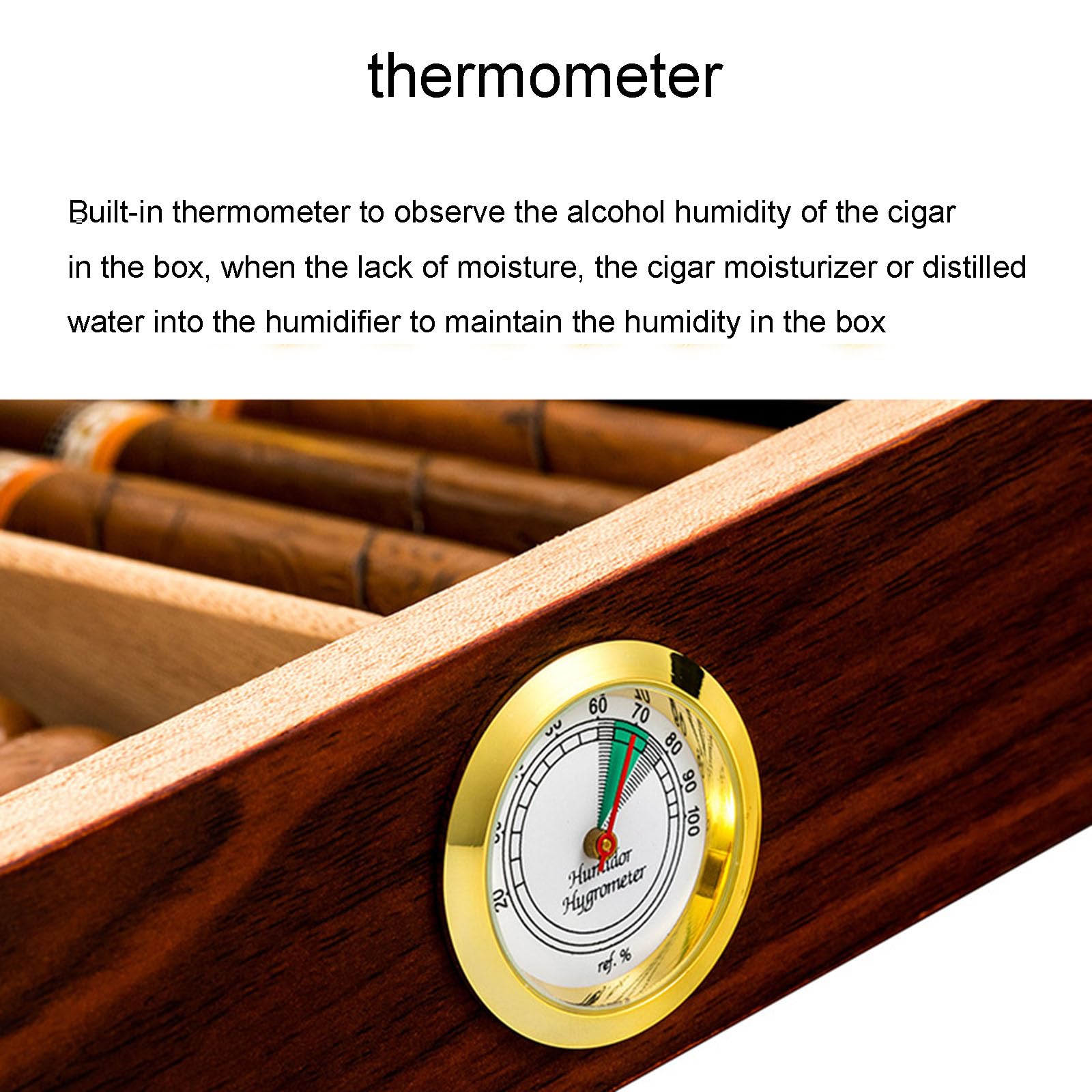Humidificador de temperatura constante con termohigrómetro integrado, almacenamiento de doble partición, tragaluz de alta permeabilidad, bisagras de metal para una óptima conservación del cigarro