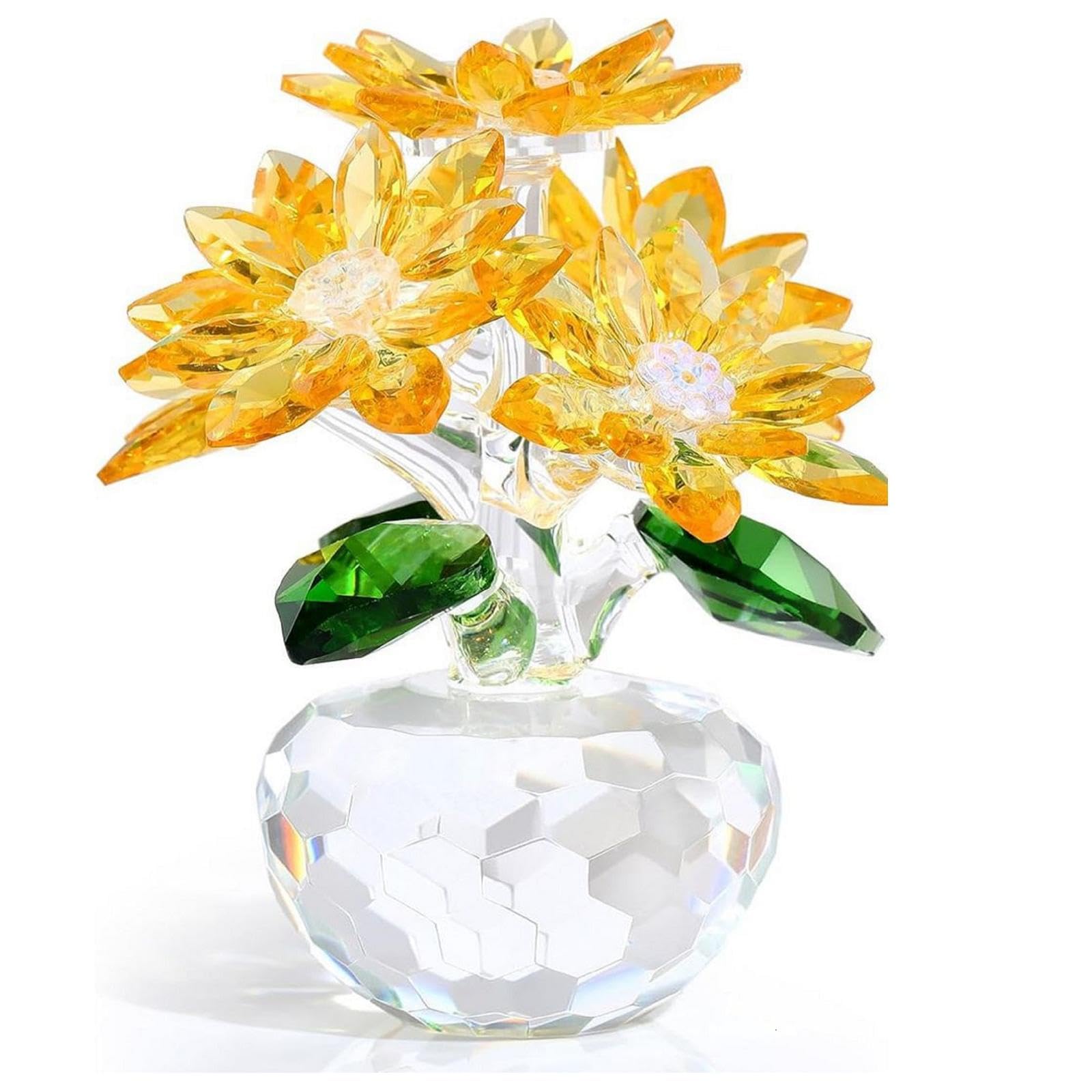 XUZIE Crystal Yellow Daisy Bouquet Figurine - Premium Glass Flower Ornament with Gift Box, Mother's Day for Women, Collectible Home Decoration Anniversary Birthday Presents (Yellow)