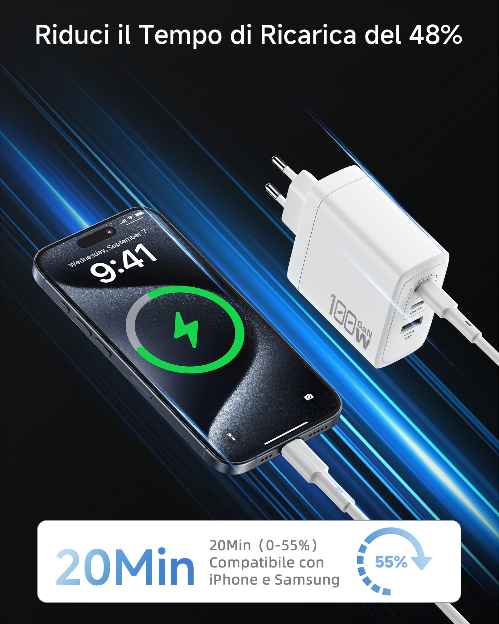 OUFUYU 100W Caricatore USB C GaN 3 Porte, Caricabatterie USB Muro, Alimentatore Compatibile con MacBook Pro/Air, iPad Pro/Air/Mini, iPhone 16/15/14, Galaxy S24/ S23/ 22, Tablet, Cavo da 1,8 m Incluso