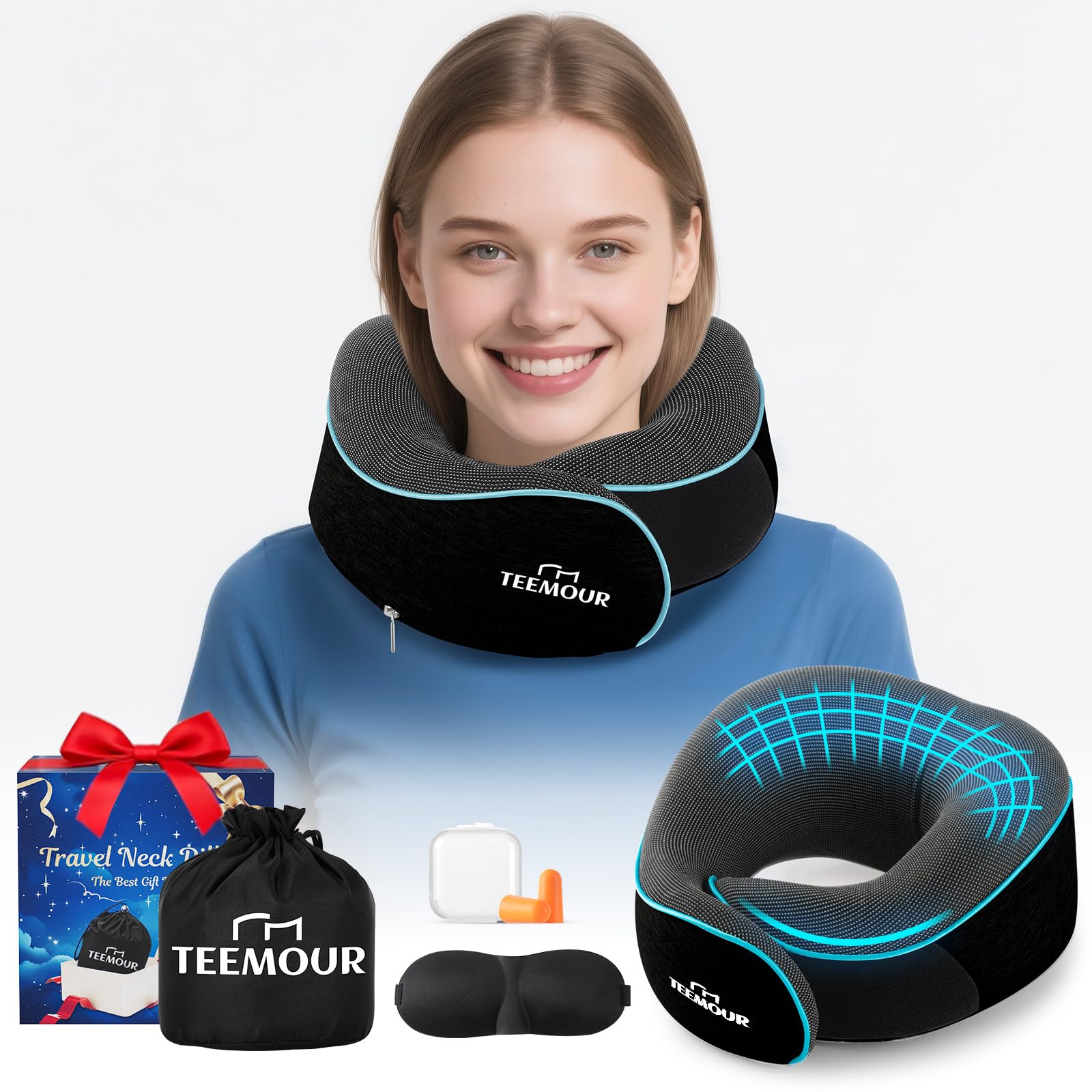 Teemour Nackenkissen für Flugreisen – 360°-Stütze, Reisekissen aus Memory-Schaum mit Augenmaske und Ohrstöpseln, tragbare Tragetasche für Lange Flüge | Bestes Zubehör für Flugreisen