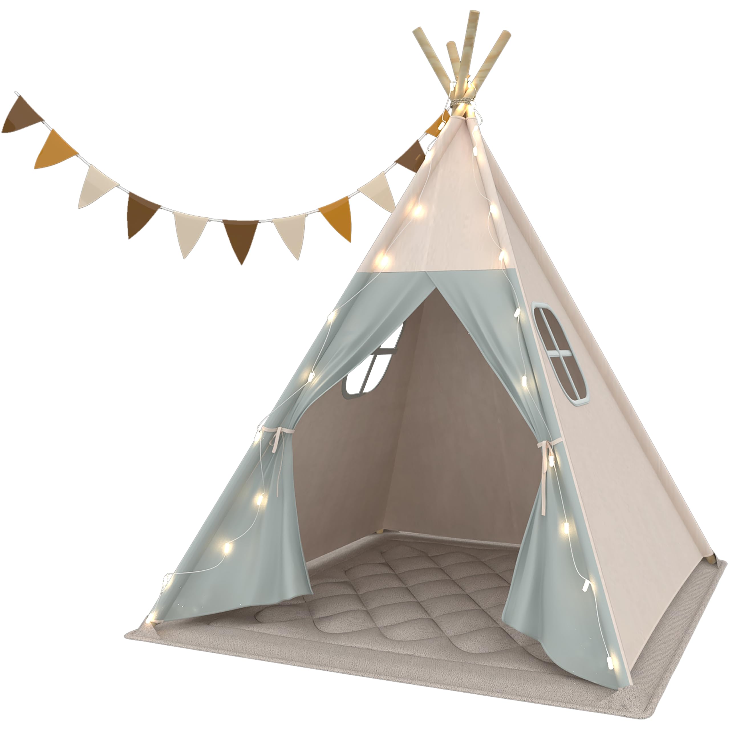 Tipi Zelt für Kinder, Waschbar Kinderzelt mit Gepolsterter Decke, Lichterkette, Tragetasche, Segeltuch Spielzelt für Mädchen & Jungen
