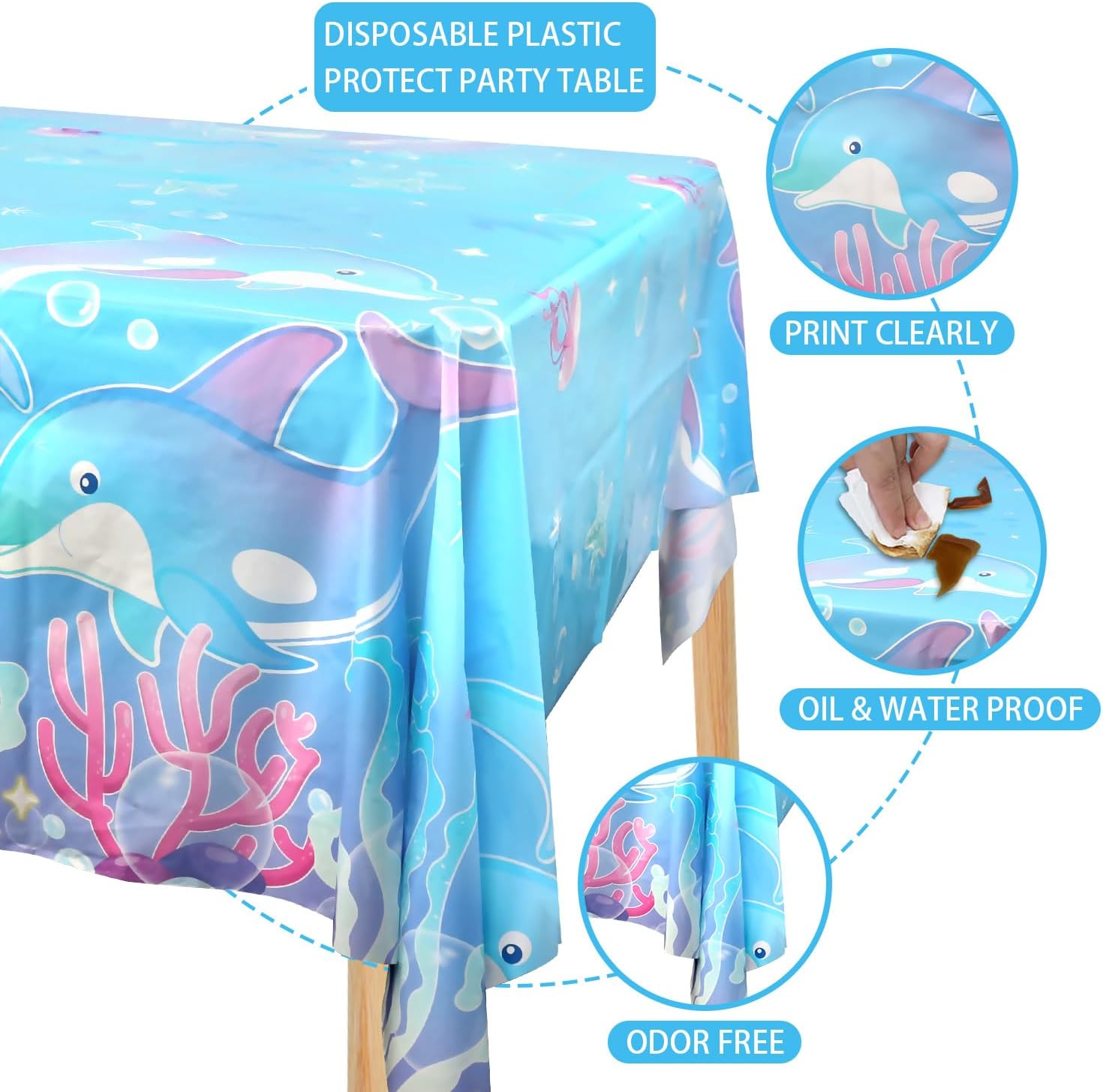 4 Pack Dolphin Party Themed Party Tablecloth, Dolphin Birthday Party Supplies Table Cover Decorations Tablecloth, for Ocean DolphinTheme Birthday Baby Shower Party Supplies 52 x 86 Inch