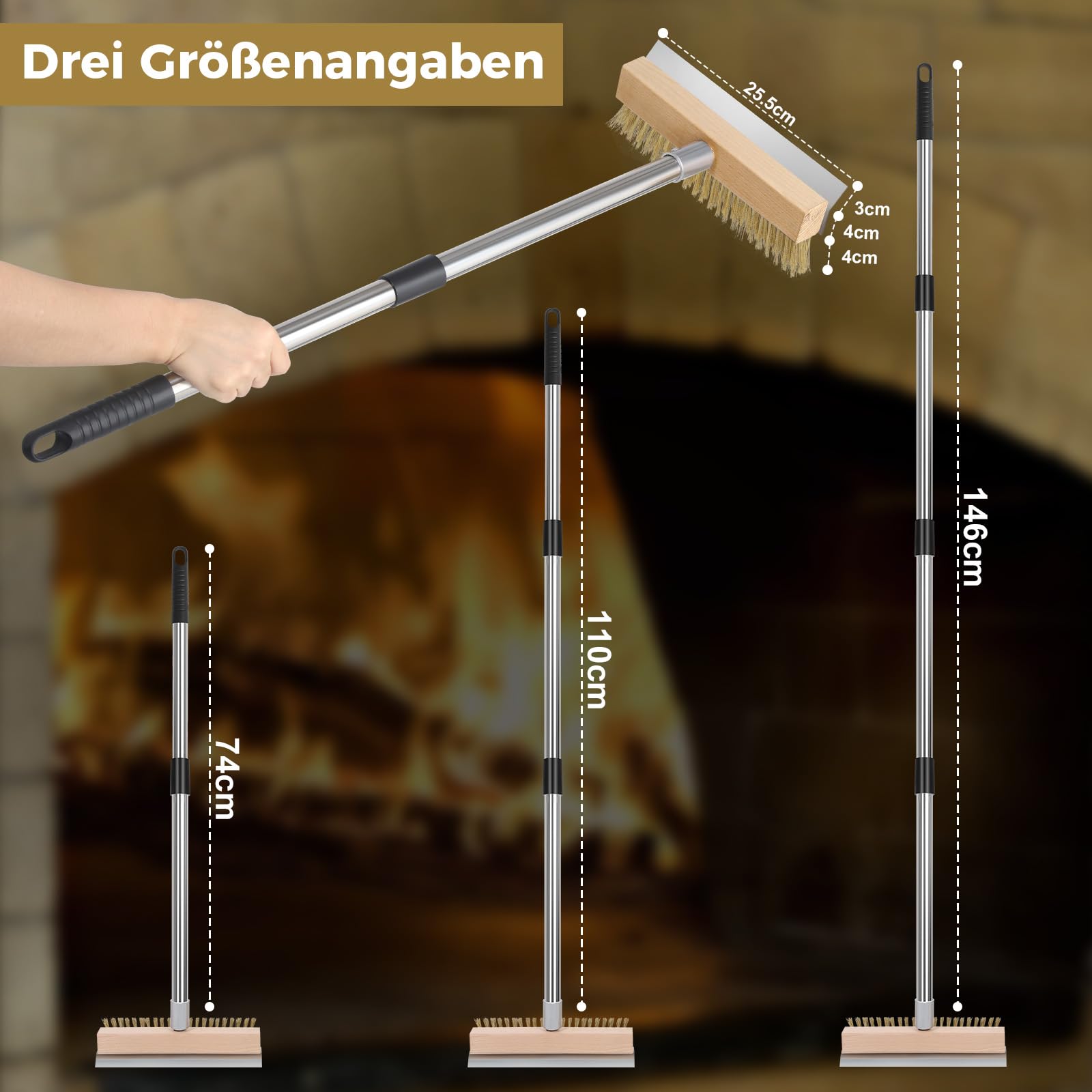 Pizzaofen Bürste, Pizzastein Bürste mit Stahlschaber, Reinigung Pizzaofen,Holzbackofen, Räucherofen, Drahtbürste mit Messingborsten Gewellt