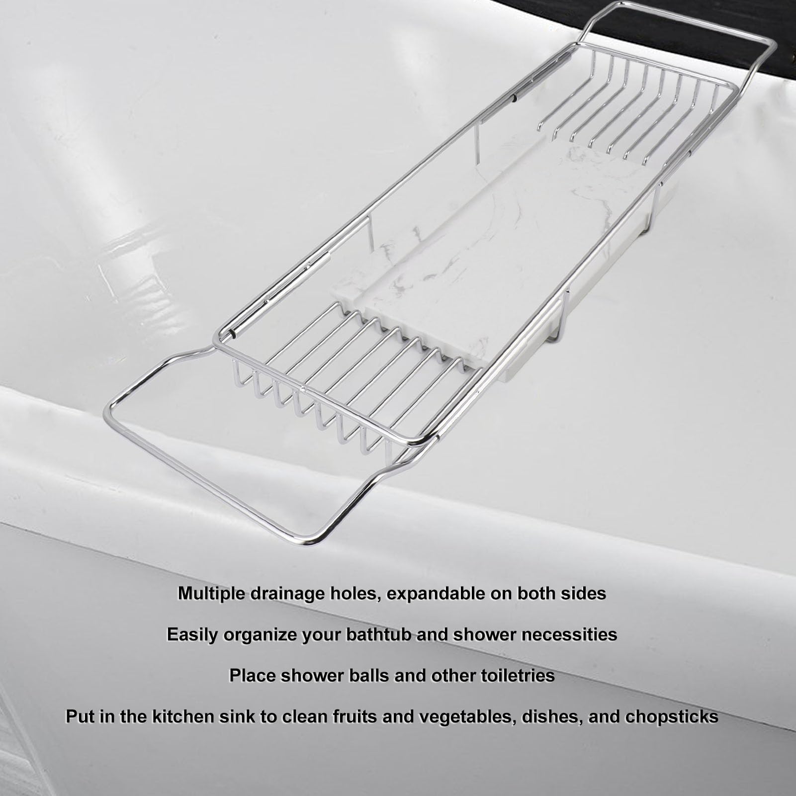 Bandeja expandible para bañera, estante ajustable para spa para accesorios de baño de relajación, diseño elegante para cualquier bañera, acabado blanco plateado
