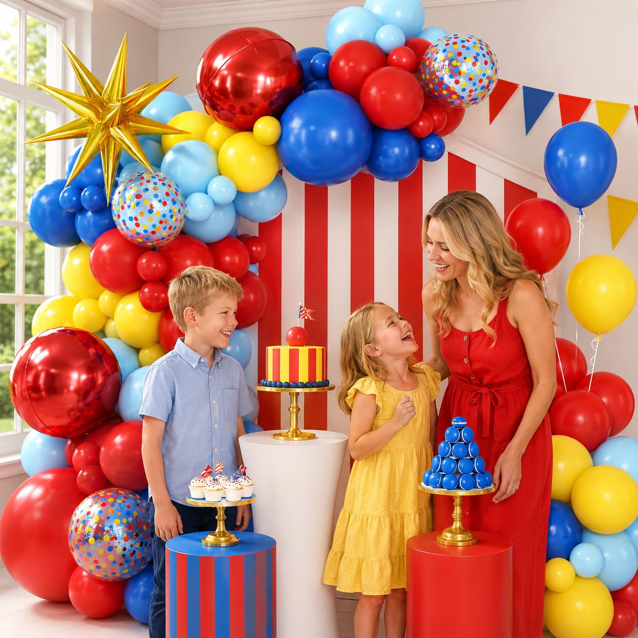 Czerwono-niebiesko-żółta girlanda z łukiem balonowym, zestaw ze złotą gwiazdą, balony foliowe, czerwone, okrągłe balony 4D, na przyjęcie urodzinowe, karnawał, cyrk, dekoracje tematyczne