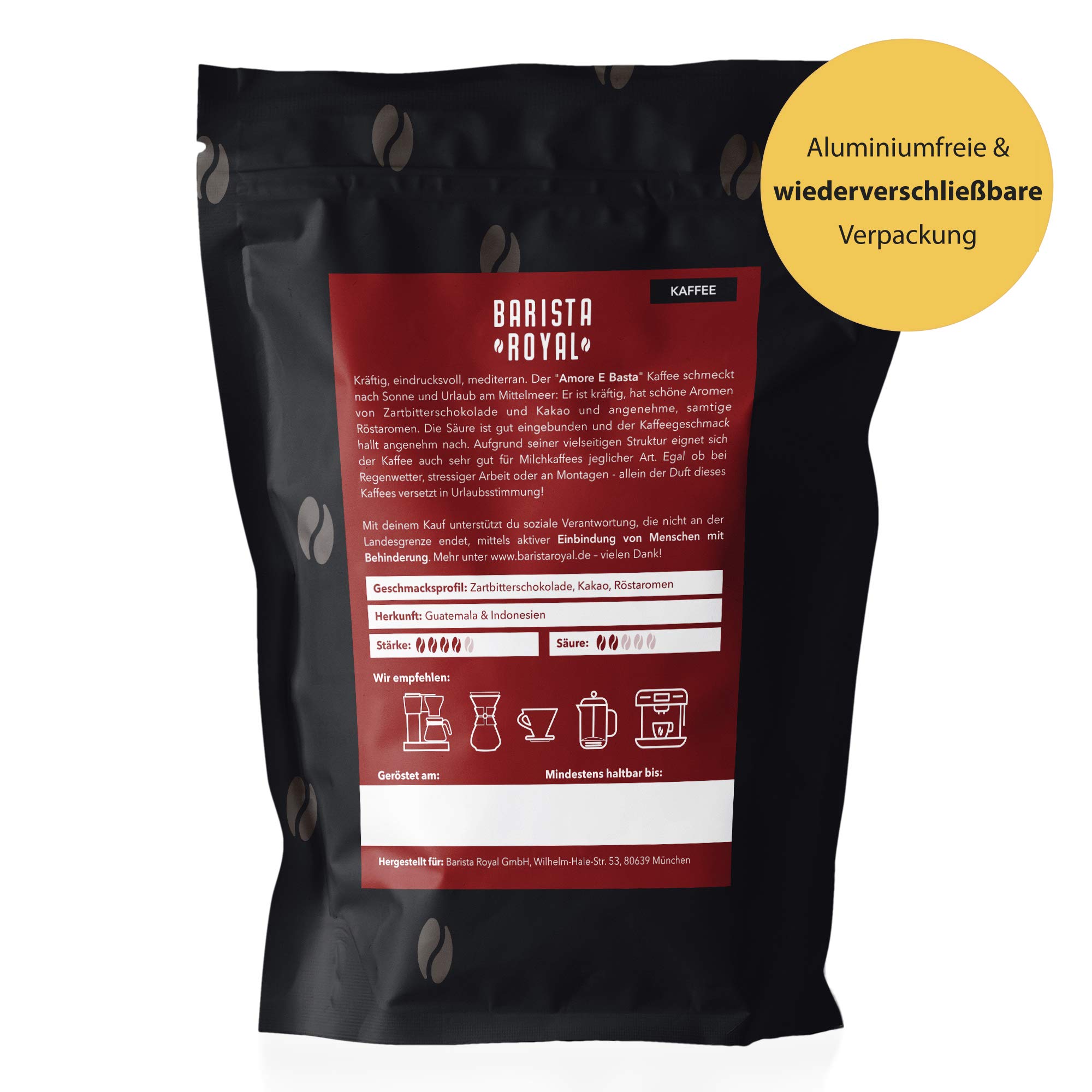 BARISTA ROYAL Ziarna kawy Amore E Basta 1 kg | świeże ziarna z Gwatemali i Indonezji | 100% ziarna Arabiki | Idealne do w pełni automatów i ekspresów filtrujących