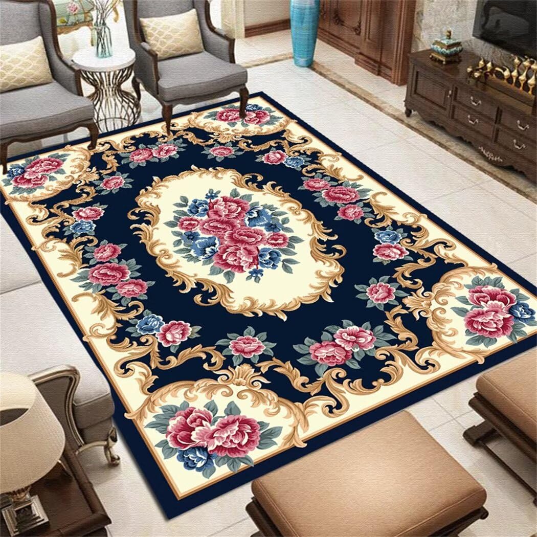 Tapis chambre fille doux bleu marine à motif floral vintage lavable pour coin lecture cosy