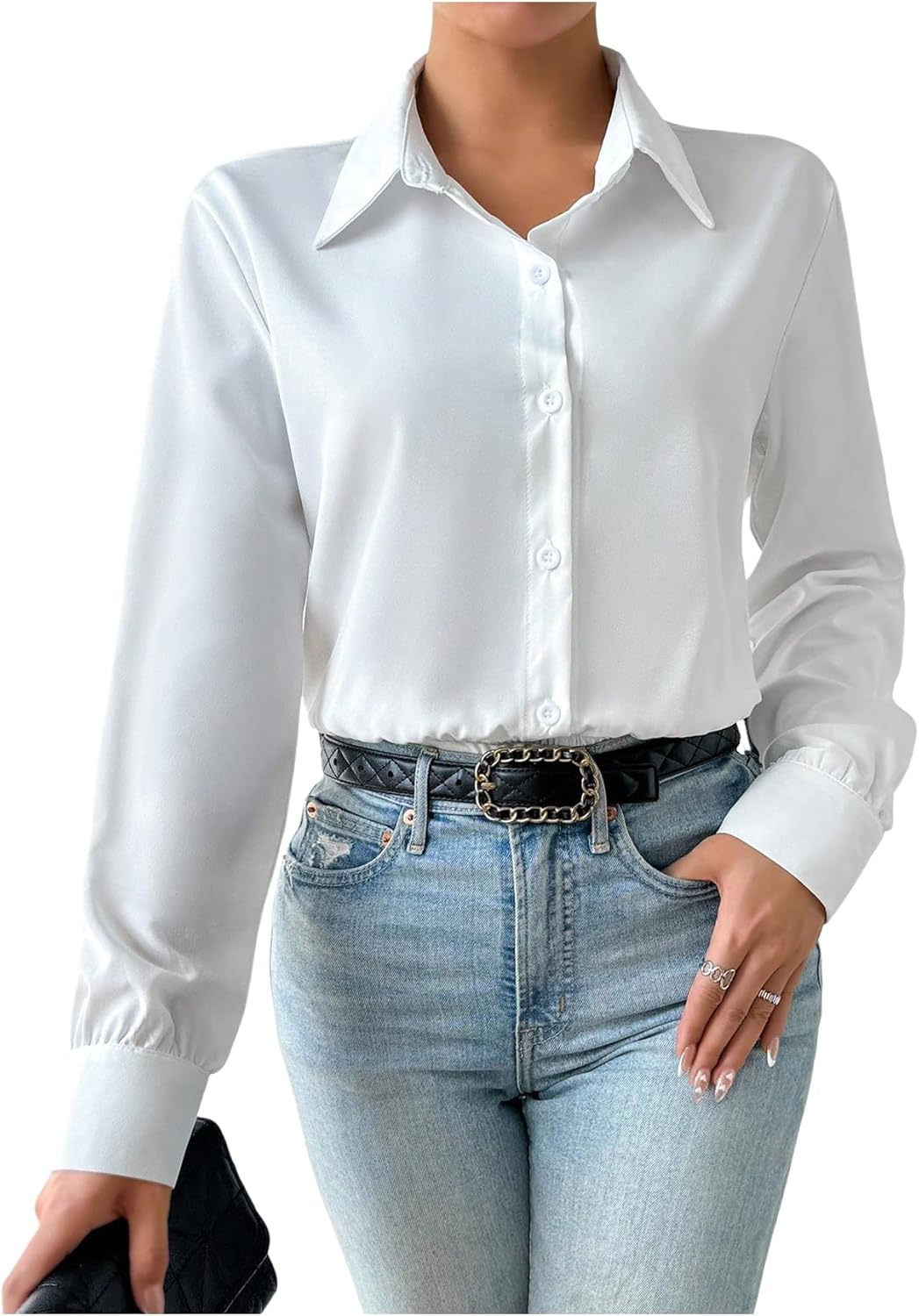 SweatyRocks Women's Button Down Long Sleeve Bodysuit Lapel Collar Casual Leotard Tops