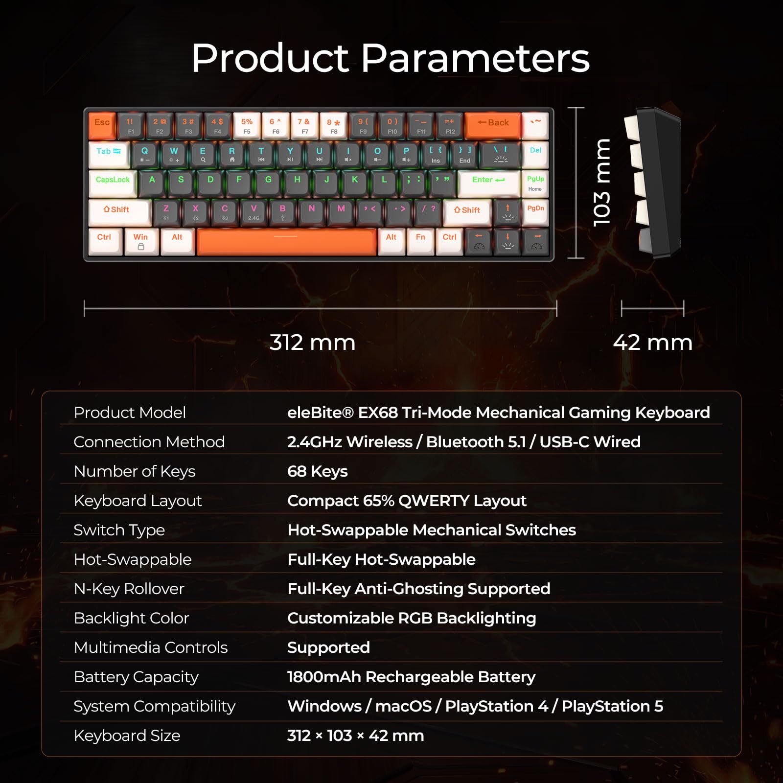 EX68 Clavier Gamer Mécanique sans Fil QWERTY 65%, Bluetooth 5.1