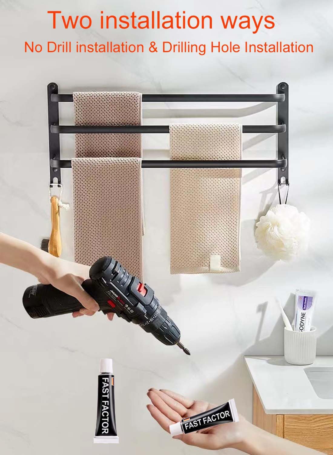 60CM Porte Serviette Salle de Bain, Porte Serviette Murale, Porte Serviette sur Pied Accessoire Salle de Bain, Porte Serviette Salle de Bain sans Percage