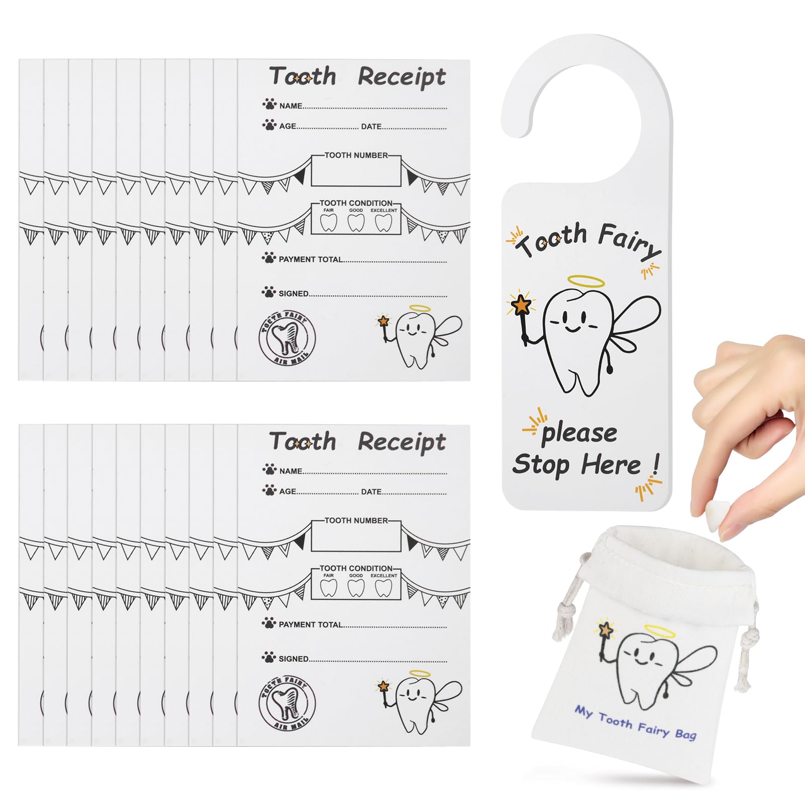 HOTUT Tooth Fairy Bag Set,Tooth Fairy Kit for Girls boys Includes 1 Tooth Fairy Bag,20 Tooth Fairy Certificates and 1 Tooth Fairy Door Hanger,Tooth Fairy Baby Teeth Keepsake,Perfect Tooth Fairy Gift