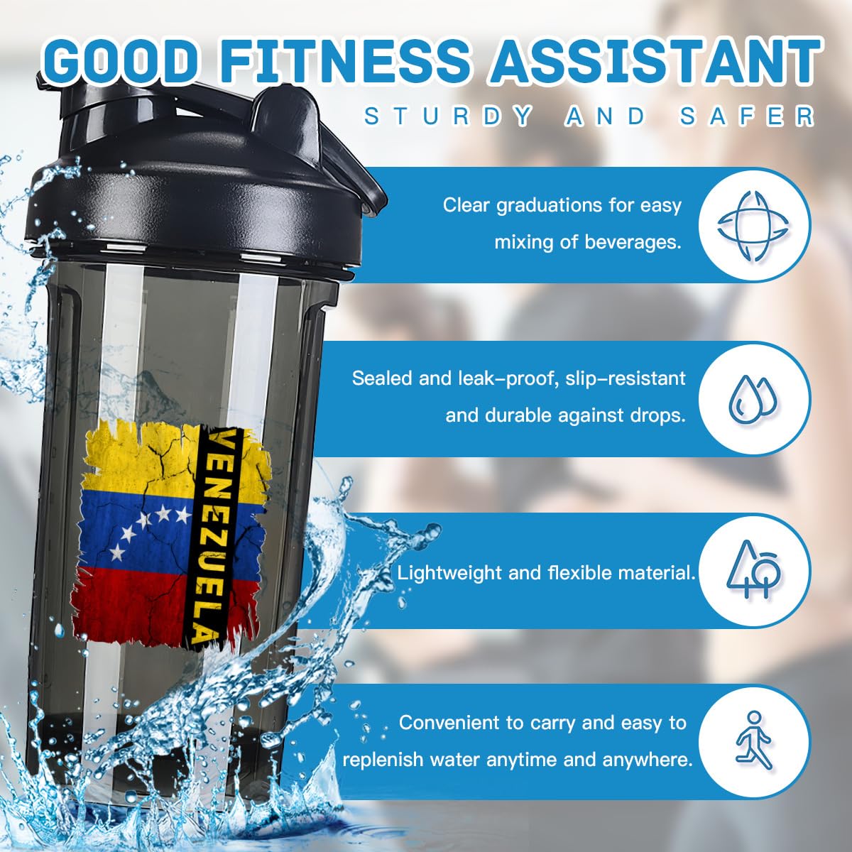 Vintage Venezuelans Flag 18 Ounce Shaker Bottle Drink Mixer Leak-proof Pre Workout Protein Shakes Meal Replacement Shakes Bottles 500ML/18 Oz Black