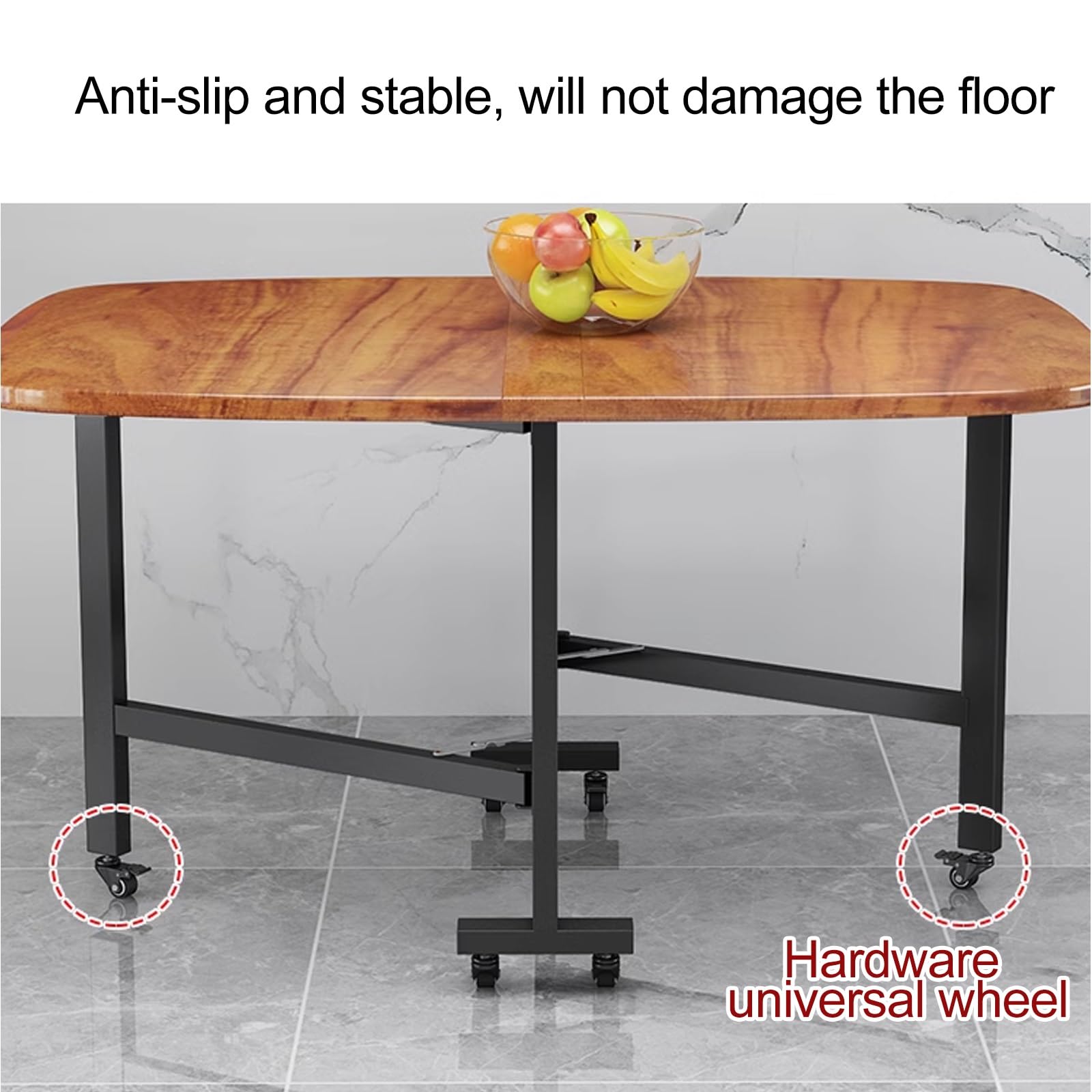 Petite table de salle à manger extensible pliable en bois massif avec support en acier au carbone, 6 roues, supporte 400 kg, gain de place et design polyvalent