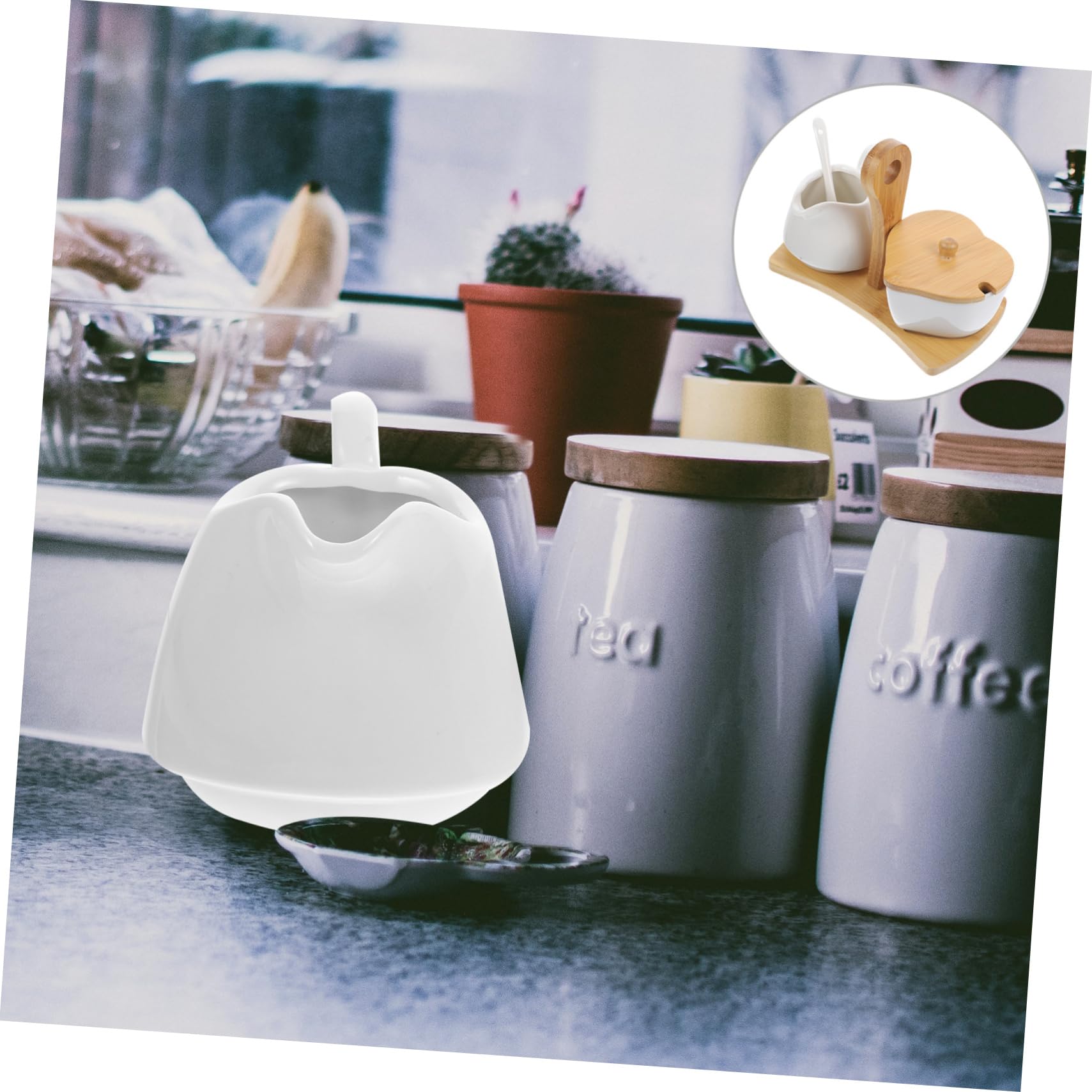 MAGICLULU Azucarero y Lechera Cerámica con Bandeja De Bambú y Cuchara Set para Crema y Azúcar para Cocina y Mesa Dulce Hogar y Hotel