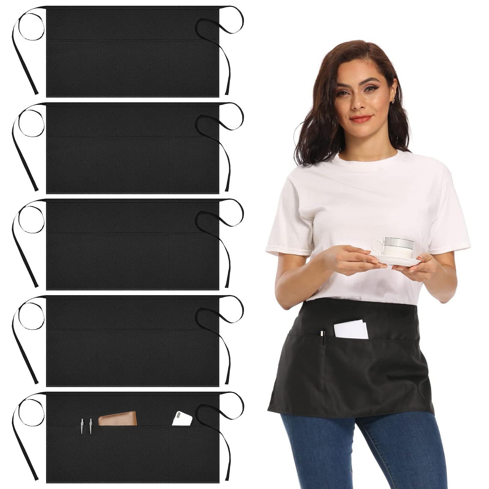 Asheyya Black 5 Pack Waitress Apron With Pockets, Anti-Dirt Waist Apron For Home Kitchen Restaurant Work Chef Waiter Cooking Baking (5, )