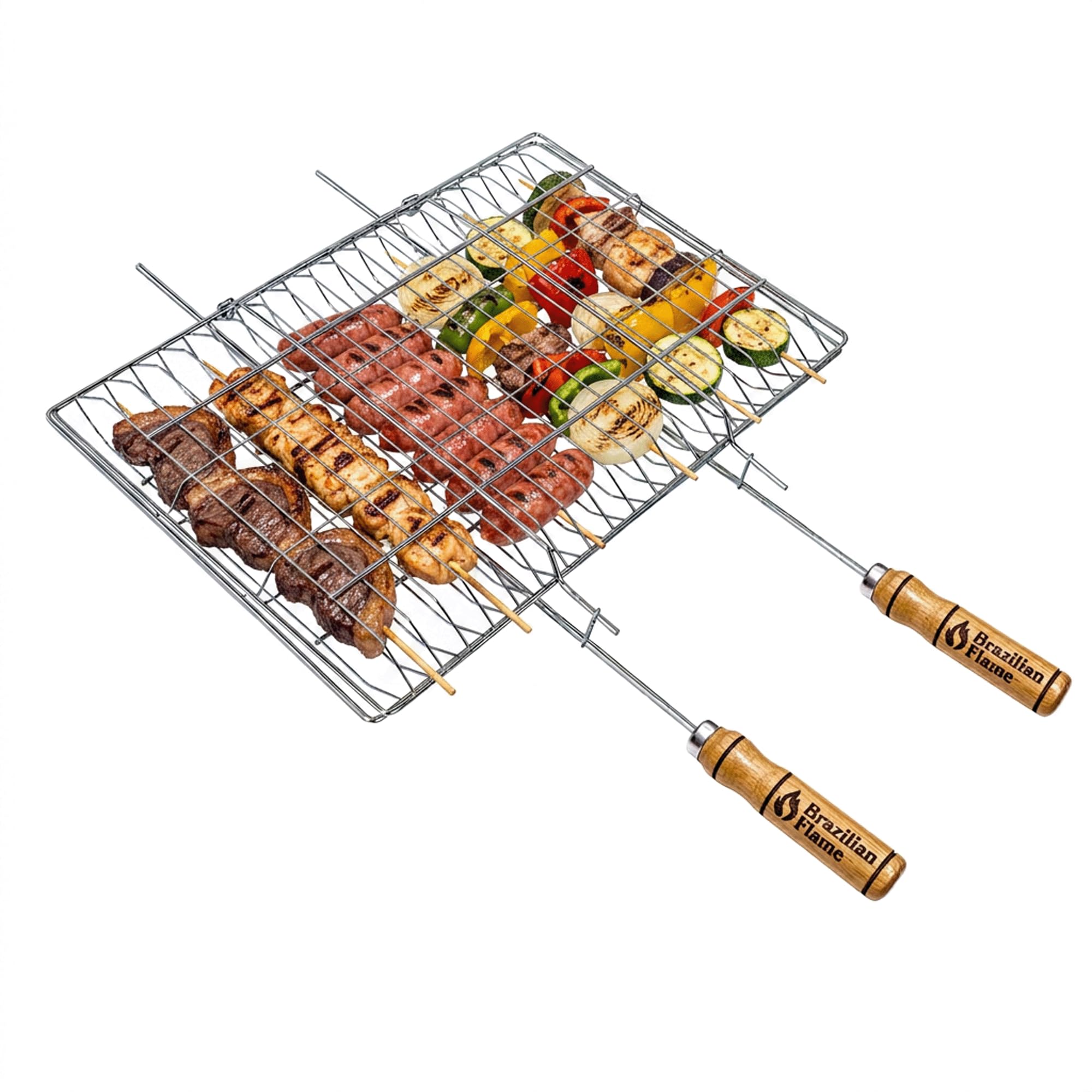 Brazilian Flame Cestino pieghevole per barbecue, in acciaio cromato, per verdure, carne, spiedini e spiedini | Design con bloccaggio su due lati | Adatto a griglie a gas, carbone e fuoco aperto |