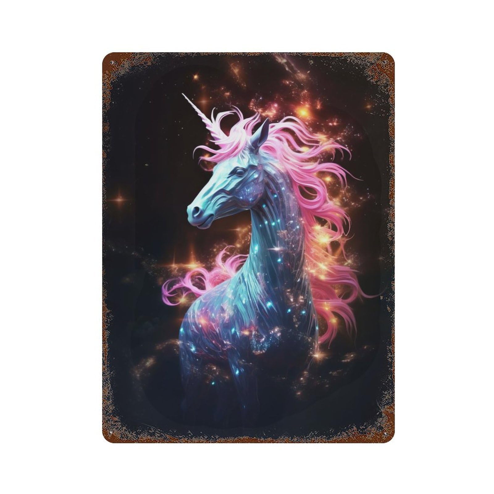 Neon Unicorn Nebulae Aged Metal Wall Plaque 15.7"x11.8", Decorative Metal Wall Art for Garage, Pub Or Kitchen