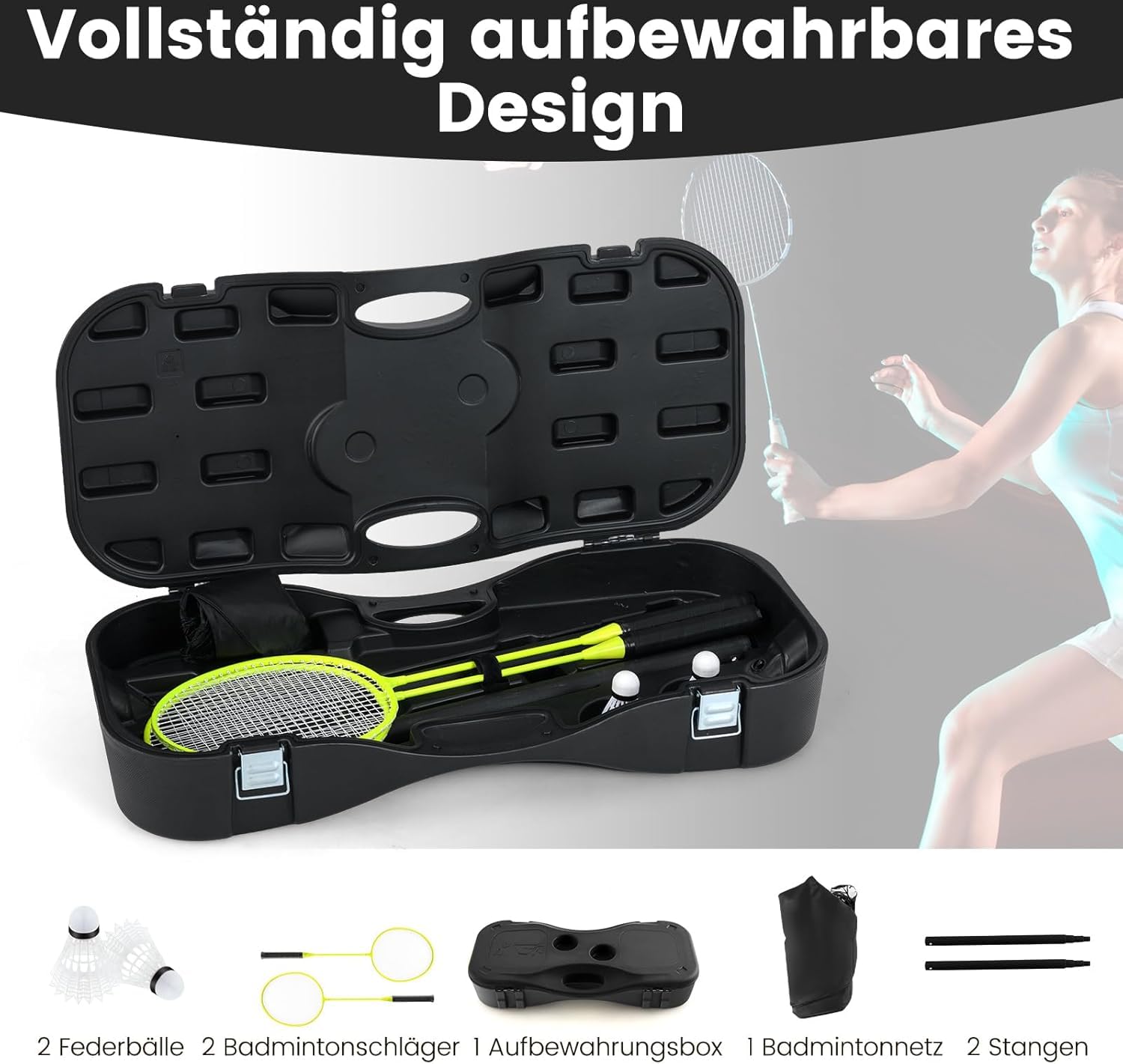 FANTASK Badminton Netzständer, tragbares Federballspiel mit Schlägern, 2 Federbällen, Netz & Aufbewahrungsbox, Schwarz
