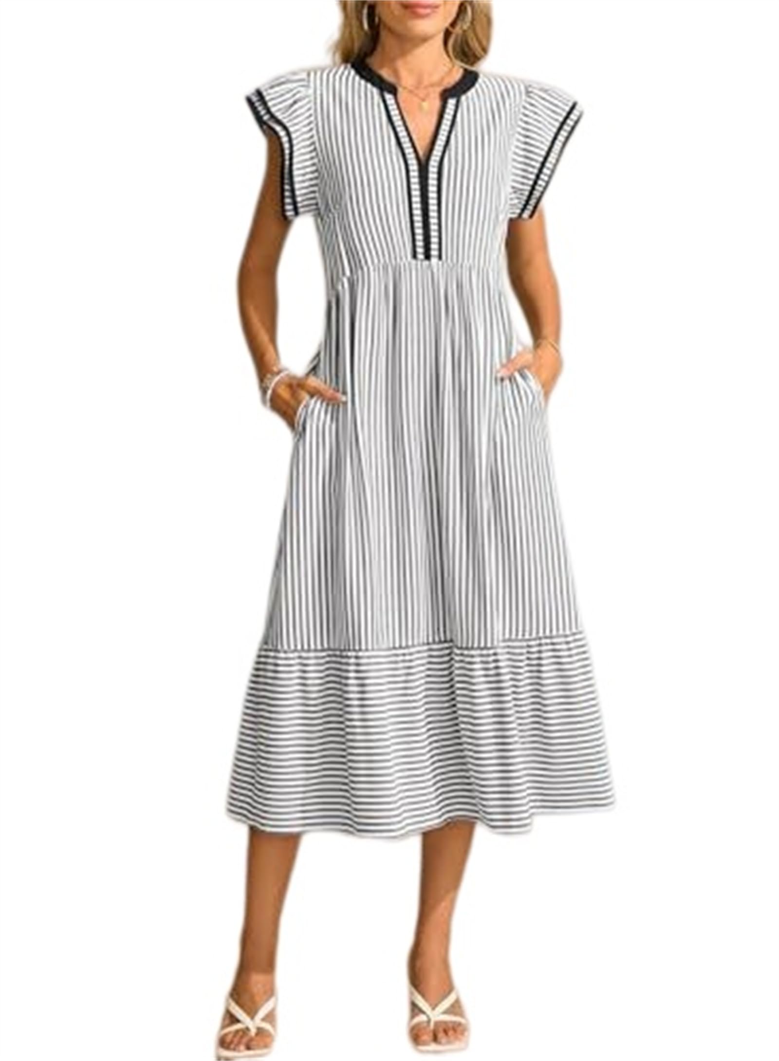 Vestido Midi de Verano para Mujer, Casual, con Escote en V, Estampado de Cuadros Vichy y Mangas Cortas con Volantes, Estilo Bohemio y Falda escalonada, Ideal para Vacaciones en la Playa.