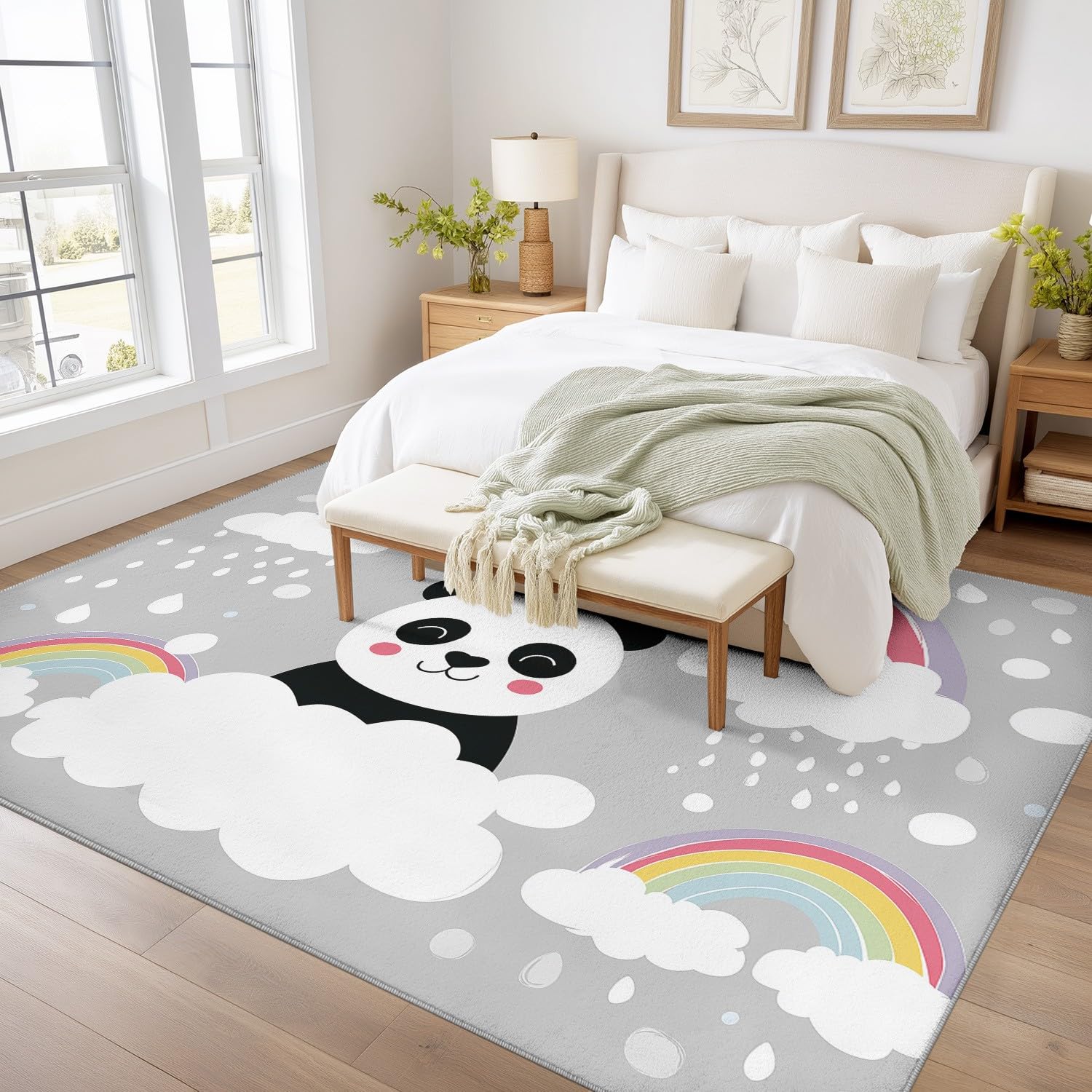 Generisch Tappeto lavabile per soggiorno, a pelo corto, antiscivolo, con simpatico panda e nuvole, per soggiorno, camera da letto, cameretta dei bambini, 60 x 120 cm, grigio